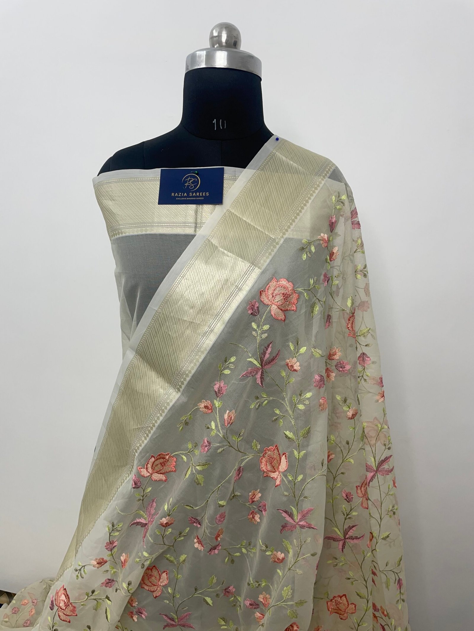 Cream Embroidery Organza Silk Saree - Image 2