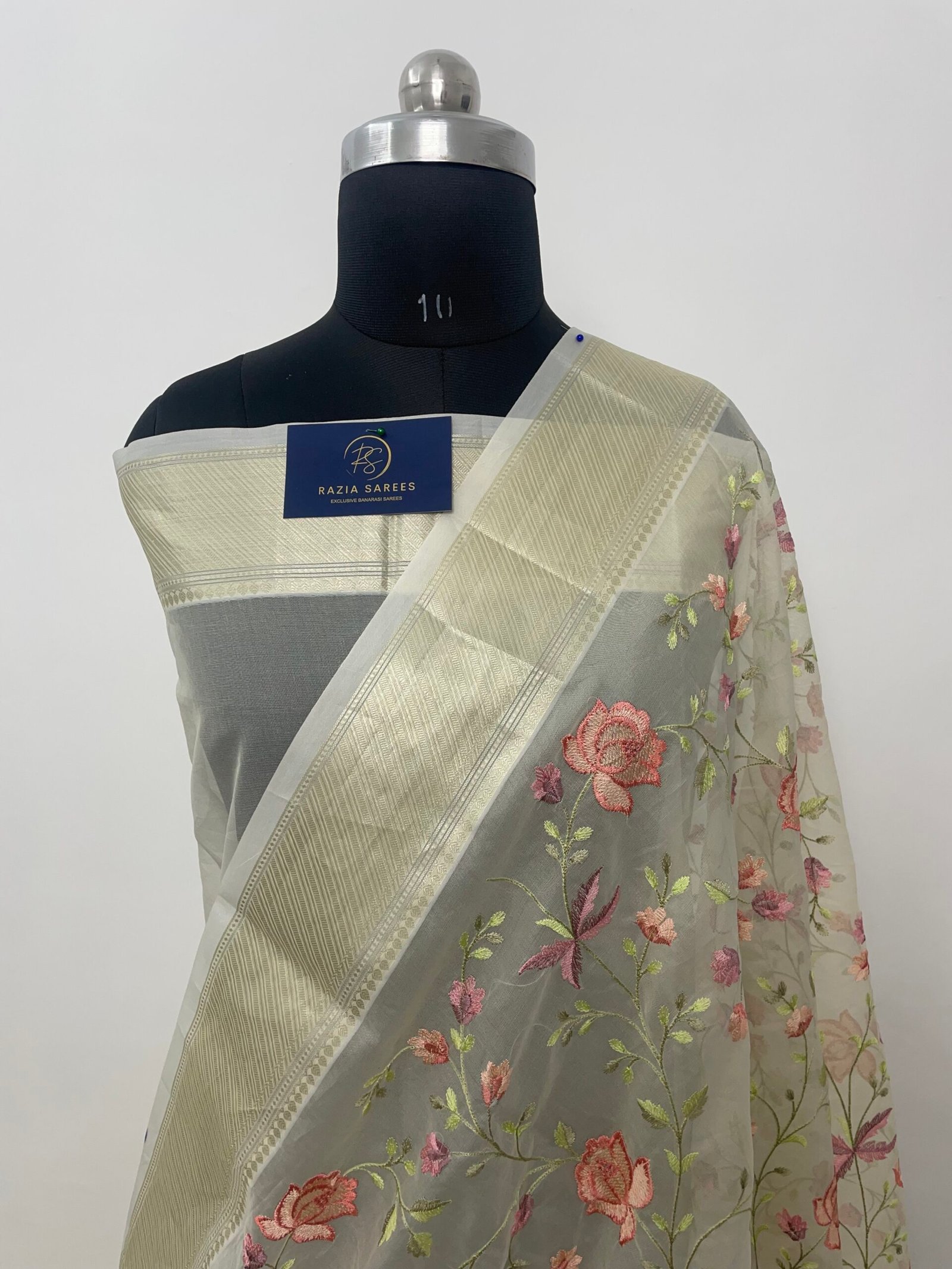Cream Embroidery Organza Silk Saree