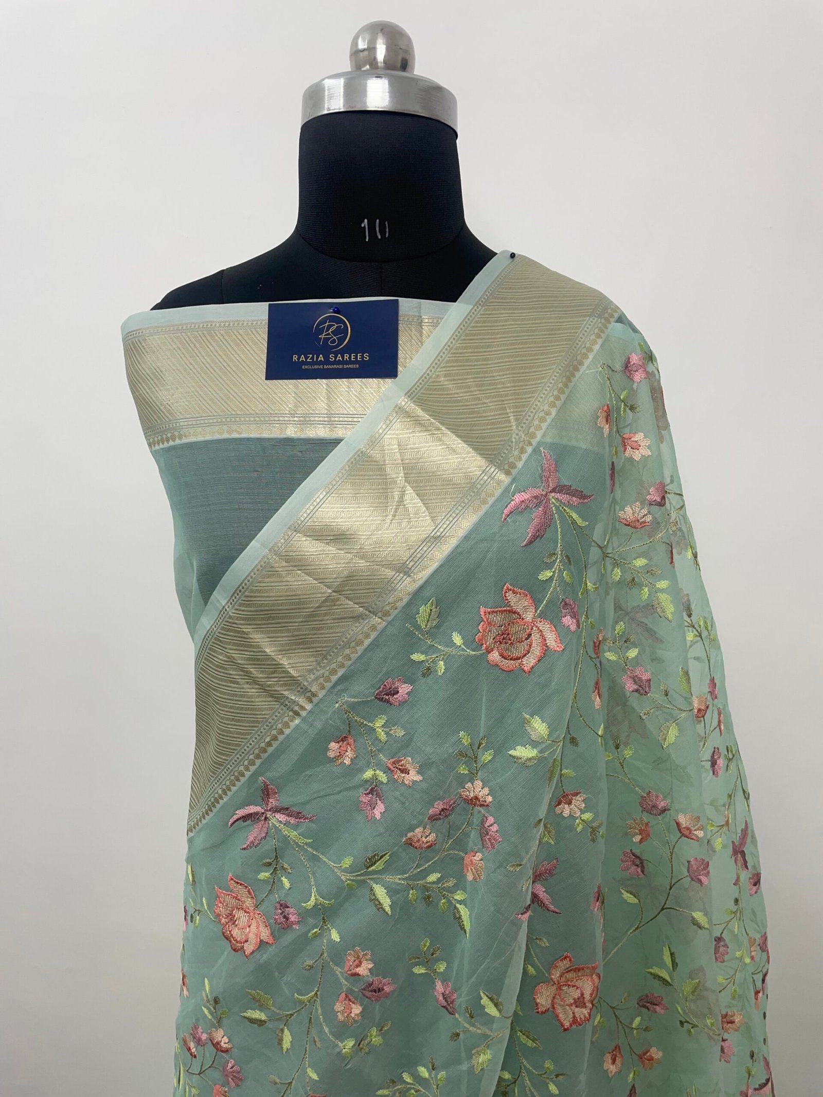 Rama Embroidery Organza Silk Saree - Image 2