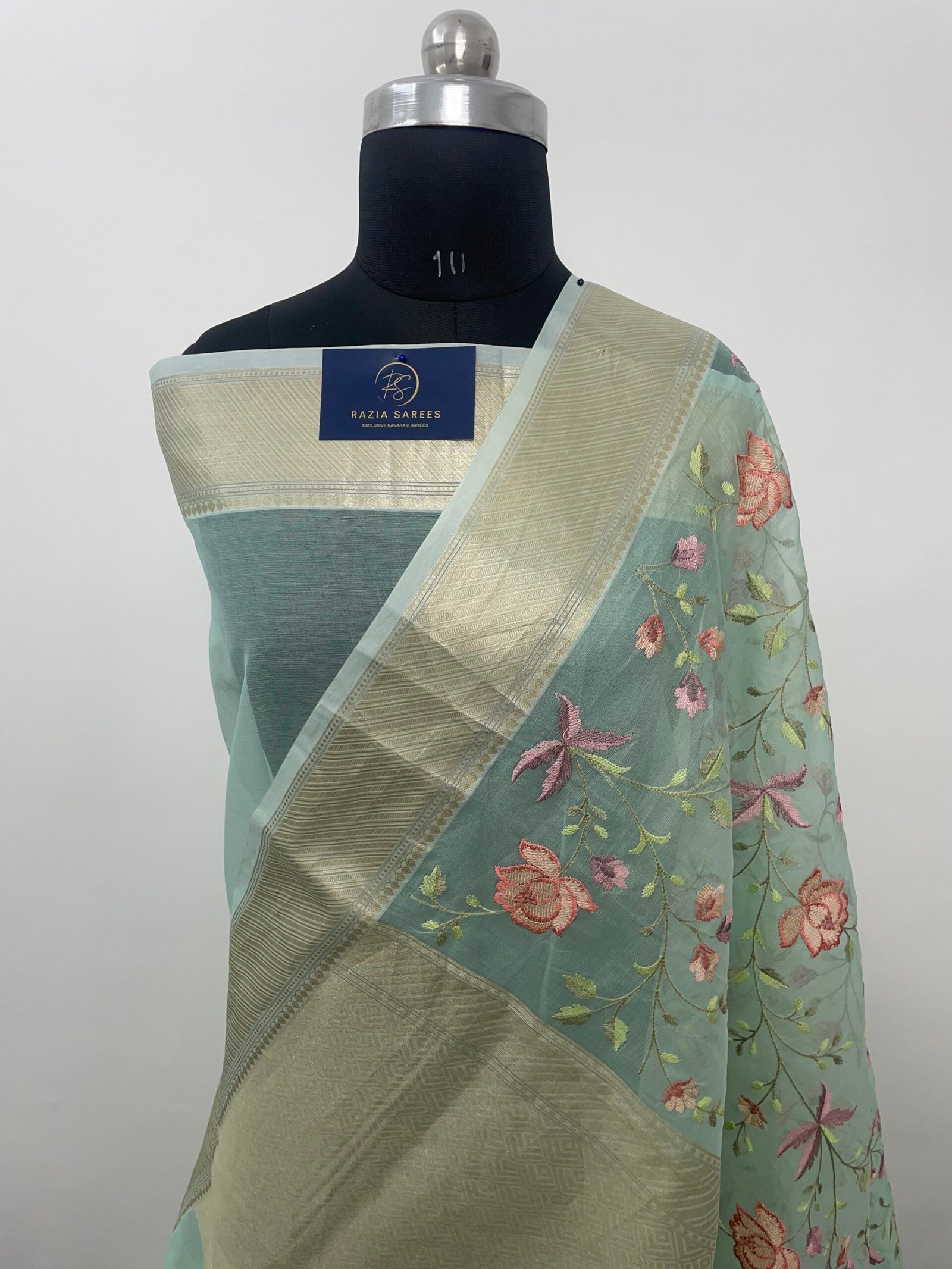 Rama Embroidery Organza Silk Saree - Image 3
