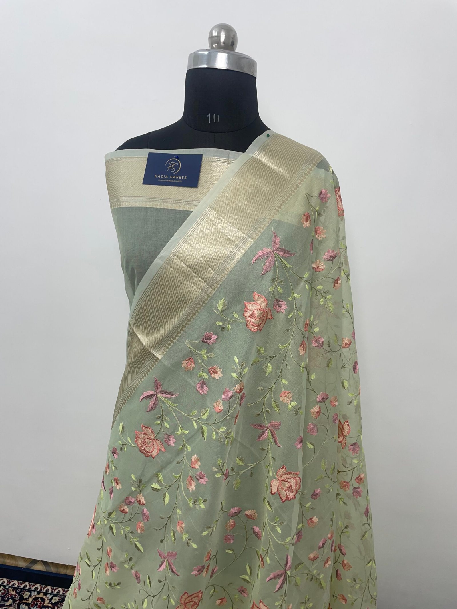 Pista Embroidery Organza Silk Saree - Image 2