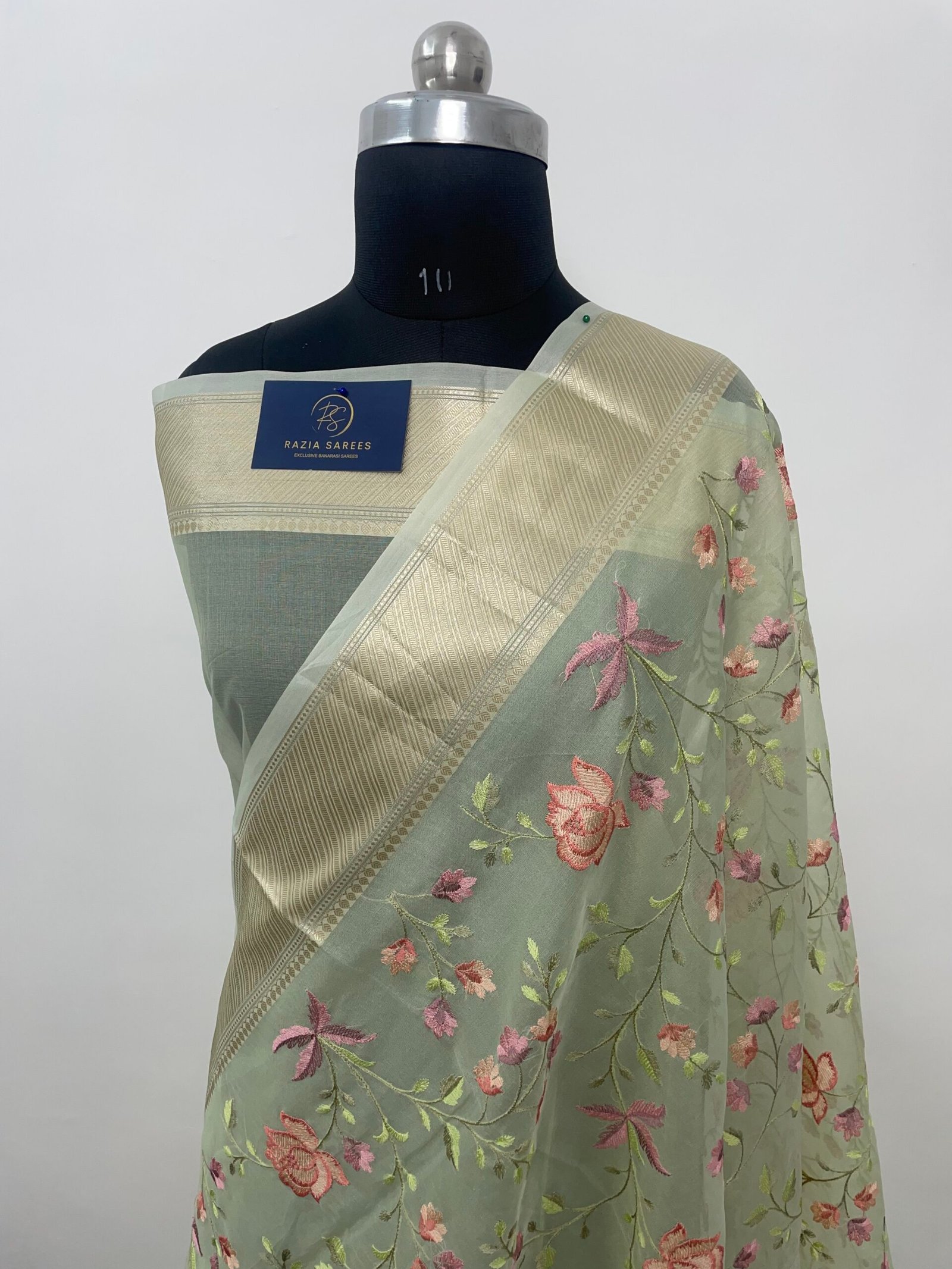 Pista Embroidery Organza Silk Saree