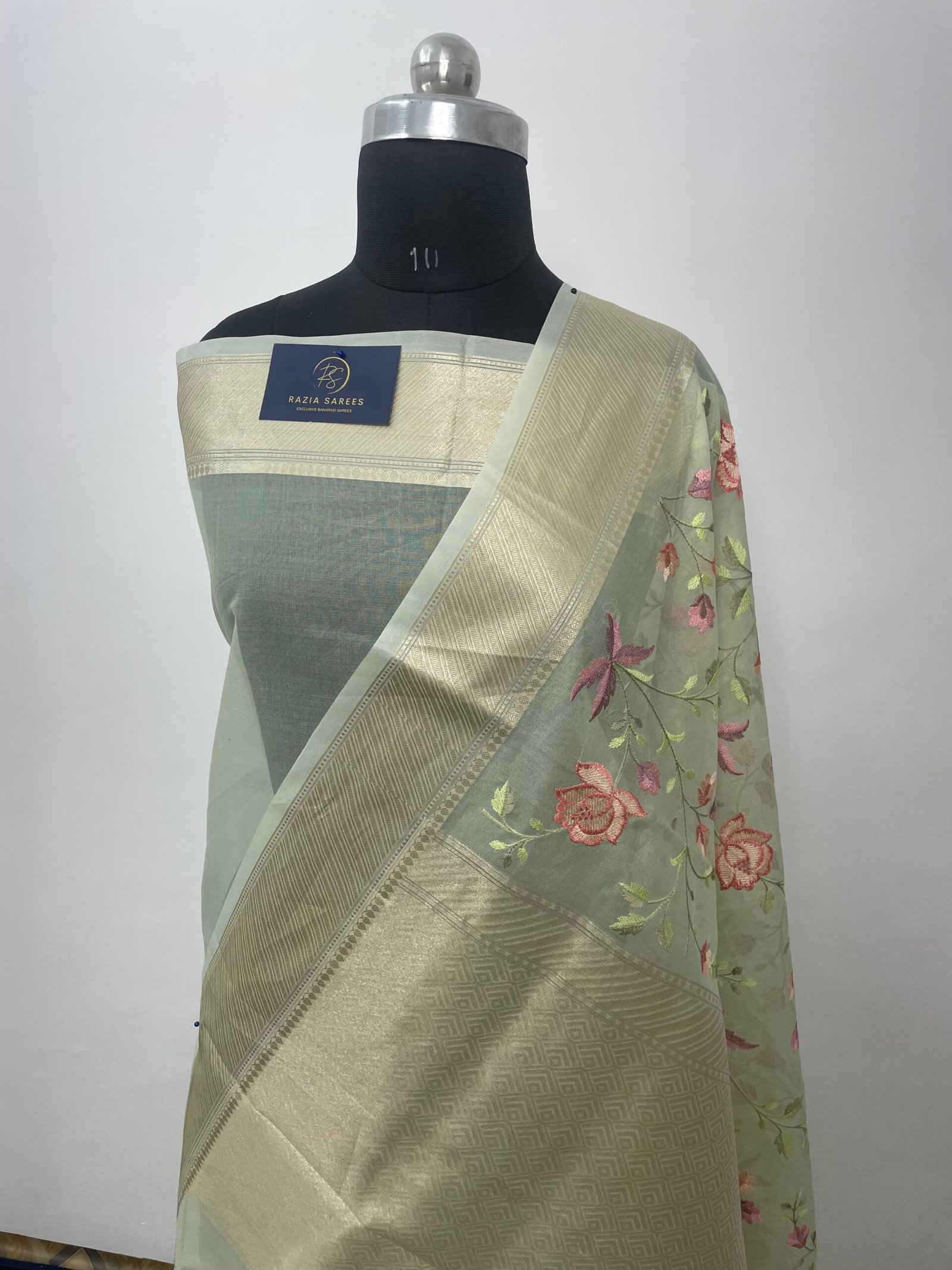 Pista Embroidery Organza Silk Saree - Image 3