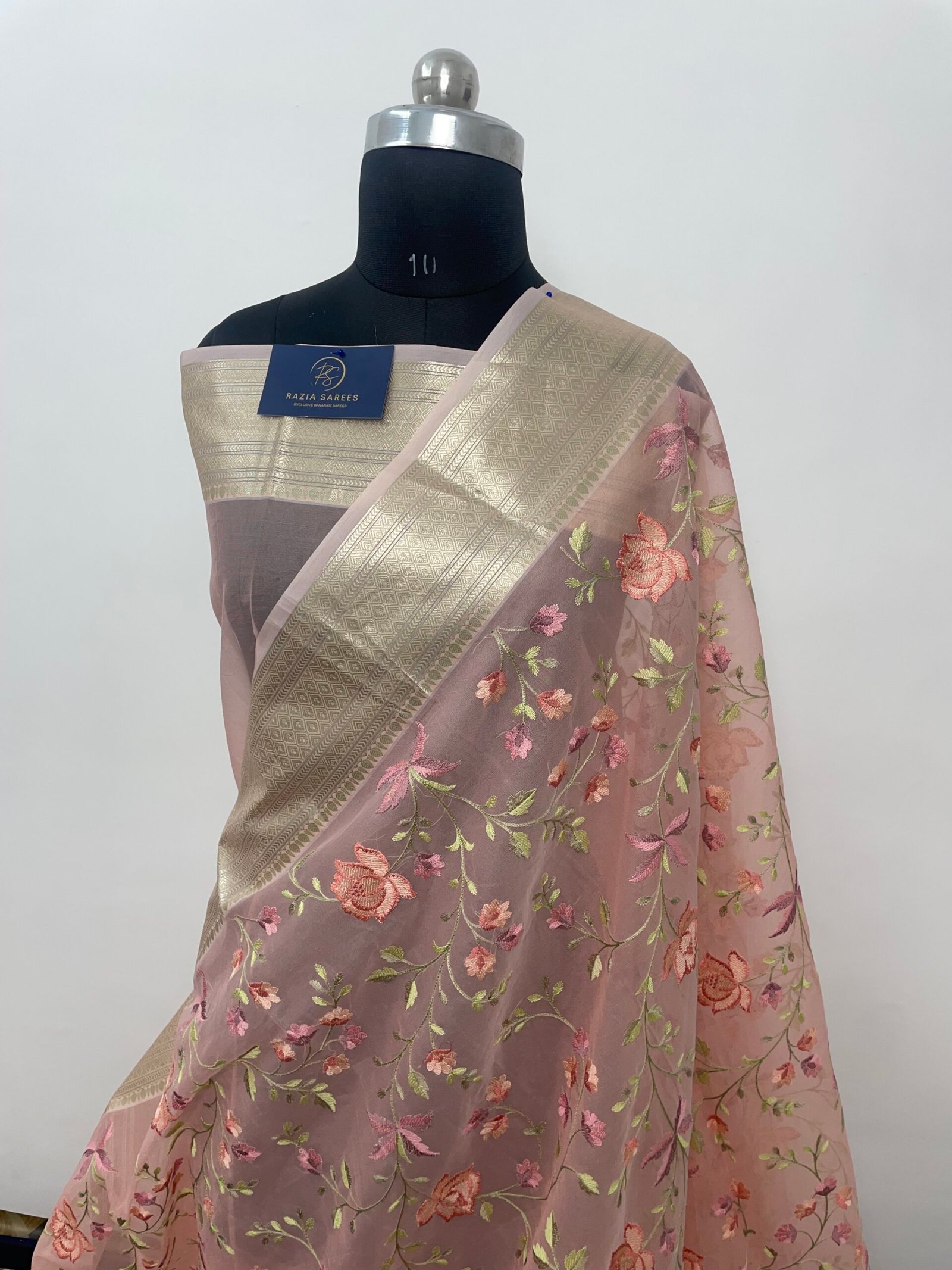 Peach Embroidery Organza Silk Banarasi Saree - Image 2