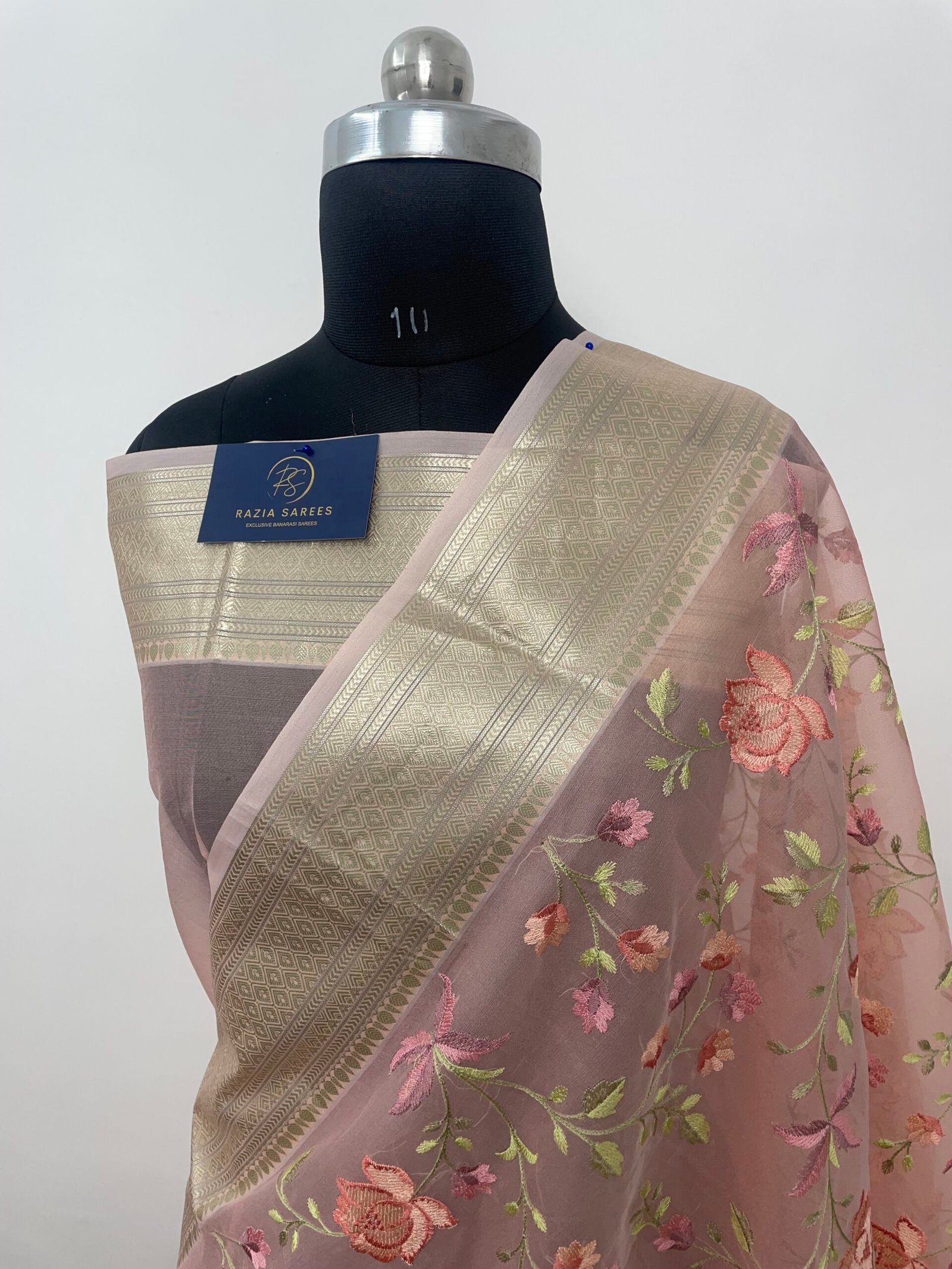 Peach Embroidery Organza Silk Banarasi Saree