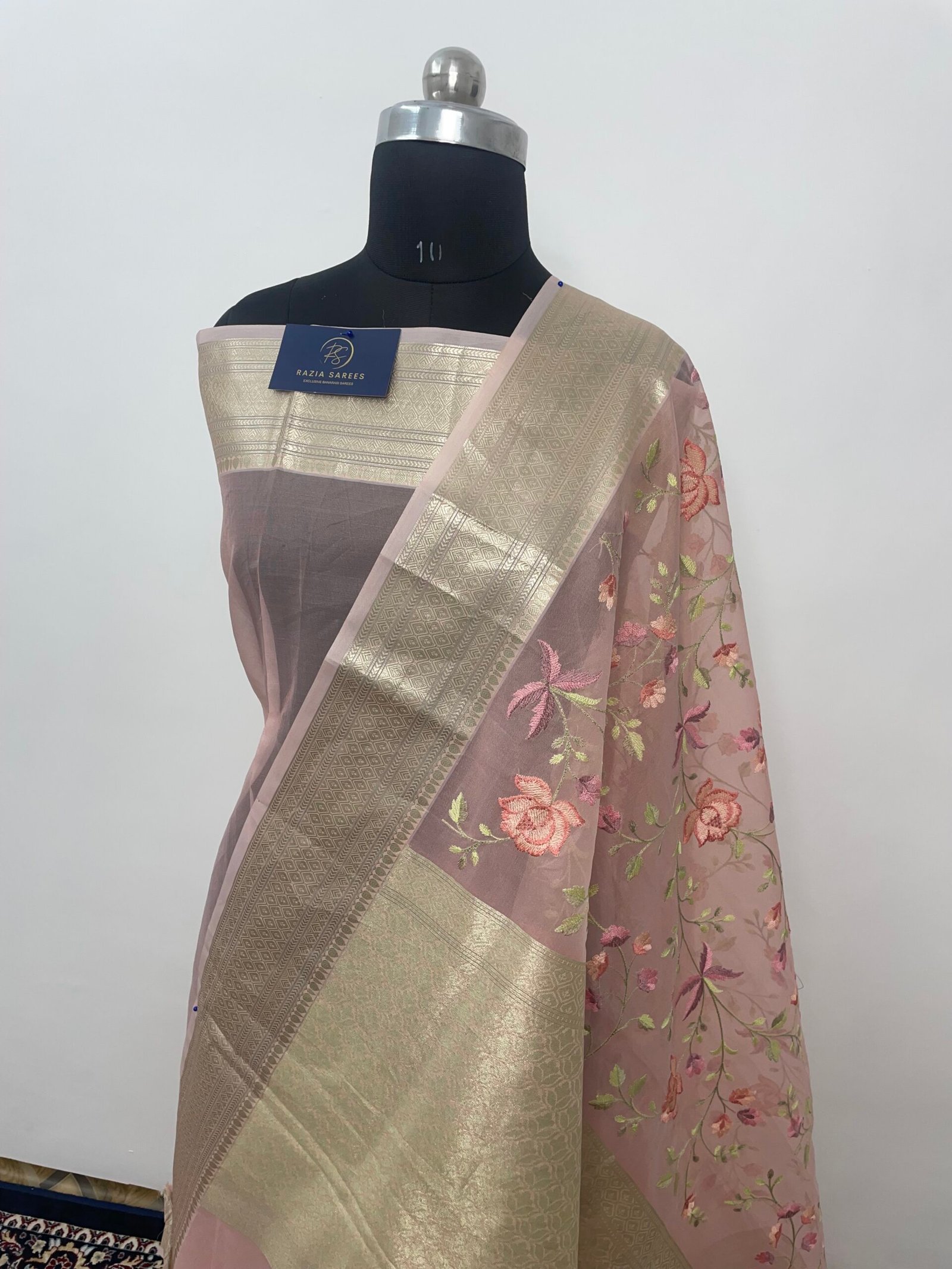 Peach Embroidery Organza Silk Banarasi Saree - Image 3