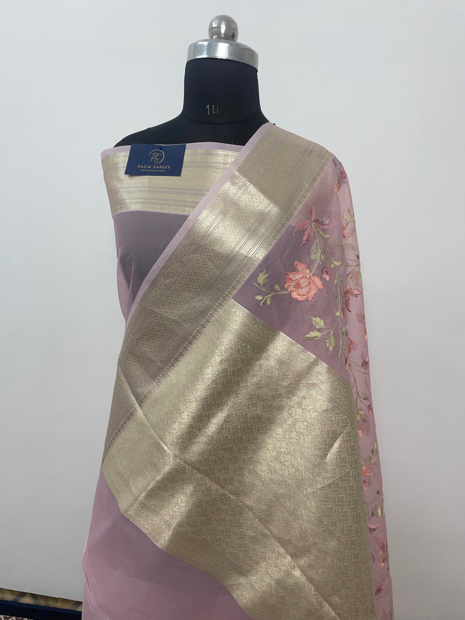 Pink Embroidery Organza Silk Saree - Image 3