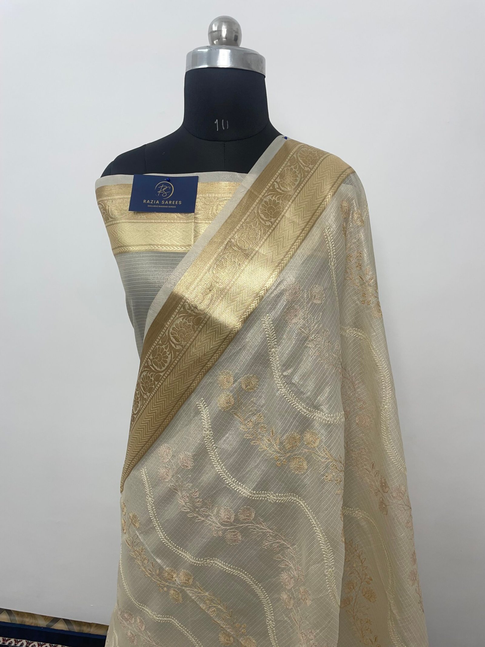 Cream Embroidery Tissue Silk Saree - Image 2