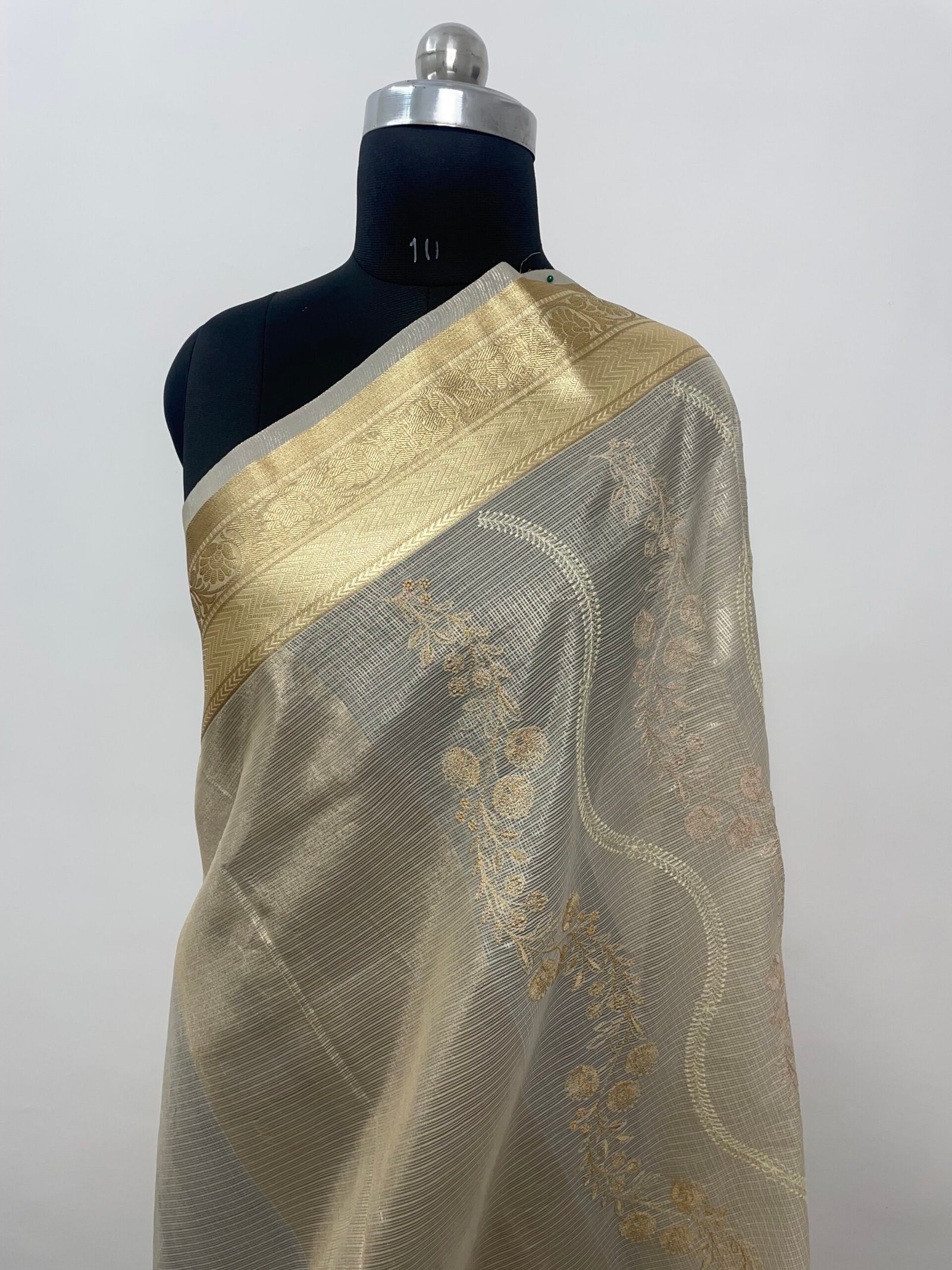 Cream Embroidery Tissue Silk Saree - Image 3