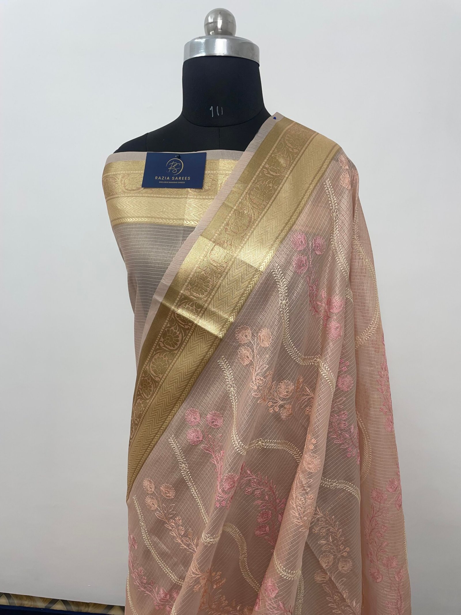 Peach Embroidery Tissue Silk Saree - Image 2