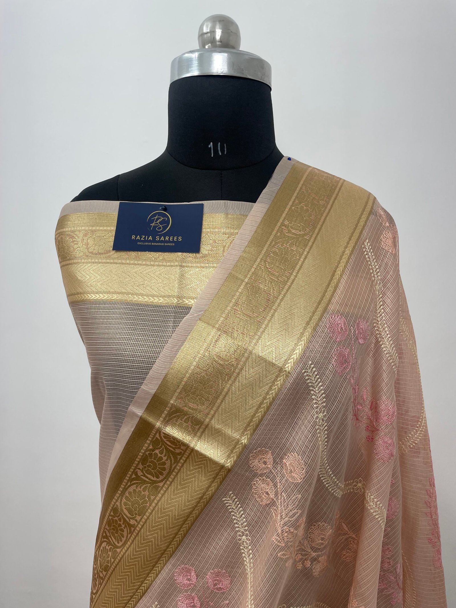 Peach Embroidery Tissue Silk Saree