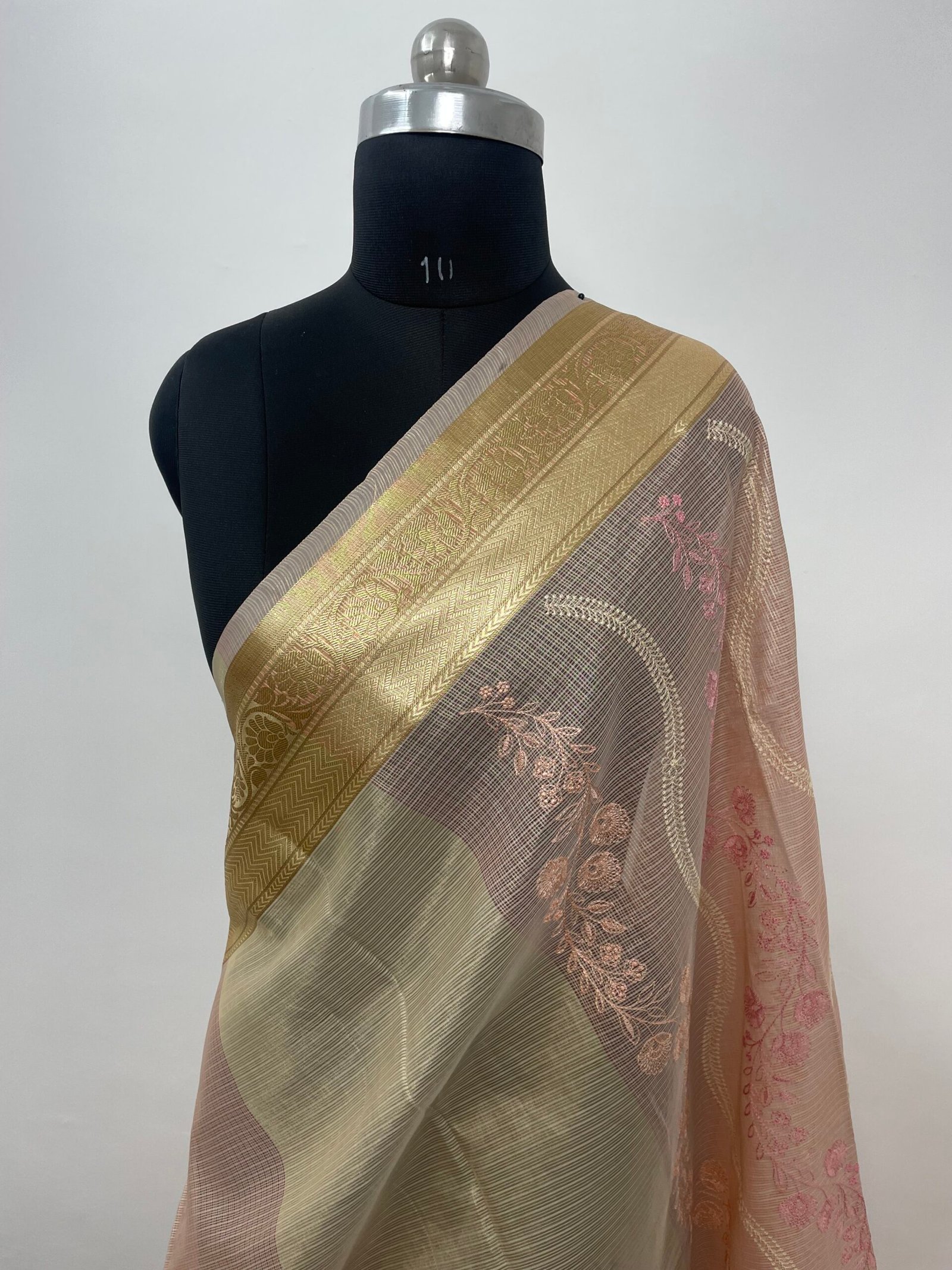 Peach Embroidery Tissue Silk Saree - Image 3