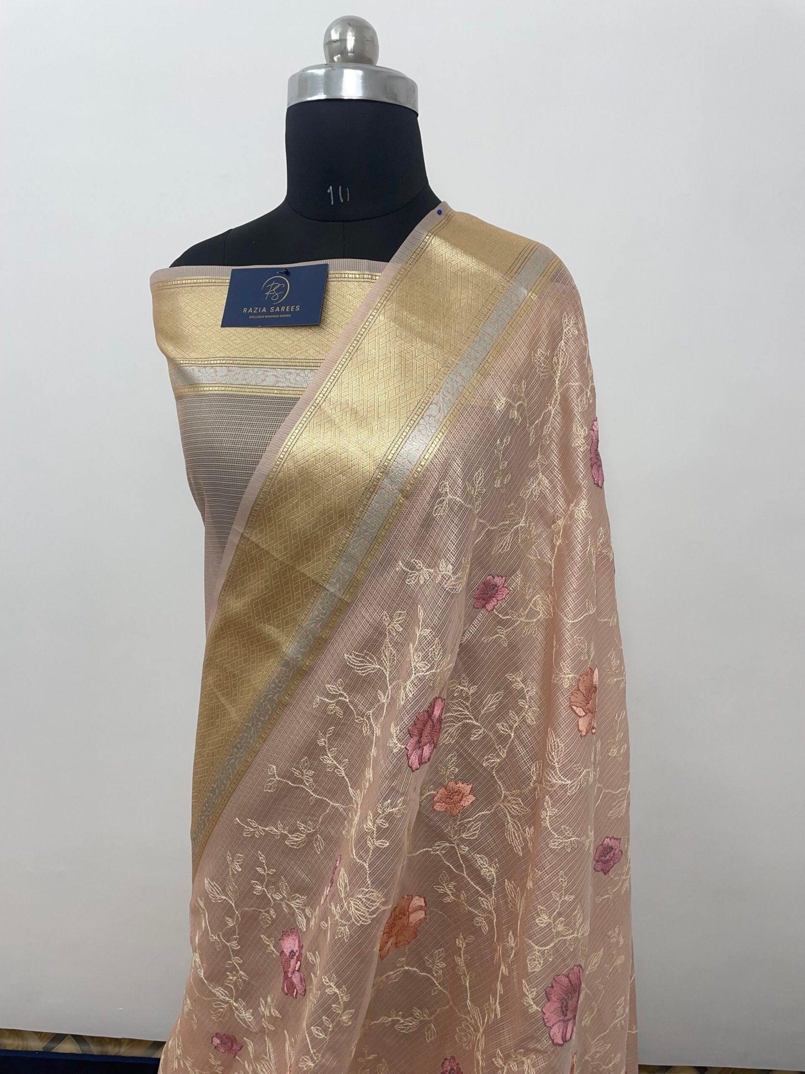 Peach Embroidery Tissue Silk Saree - Image 2