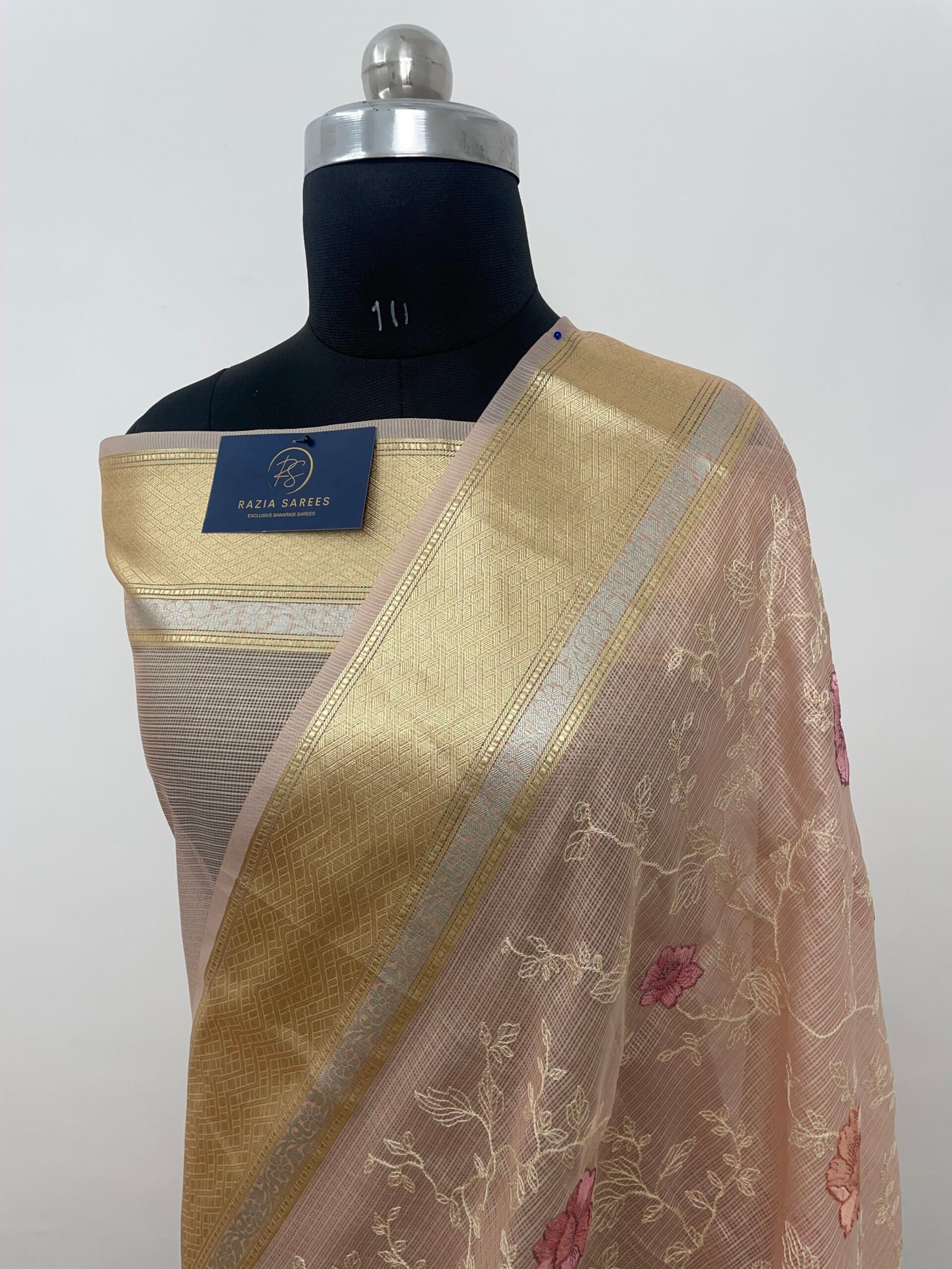 Peach Embroidery Tissue Silk Saree
