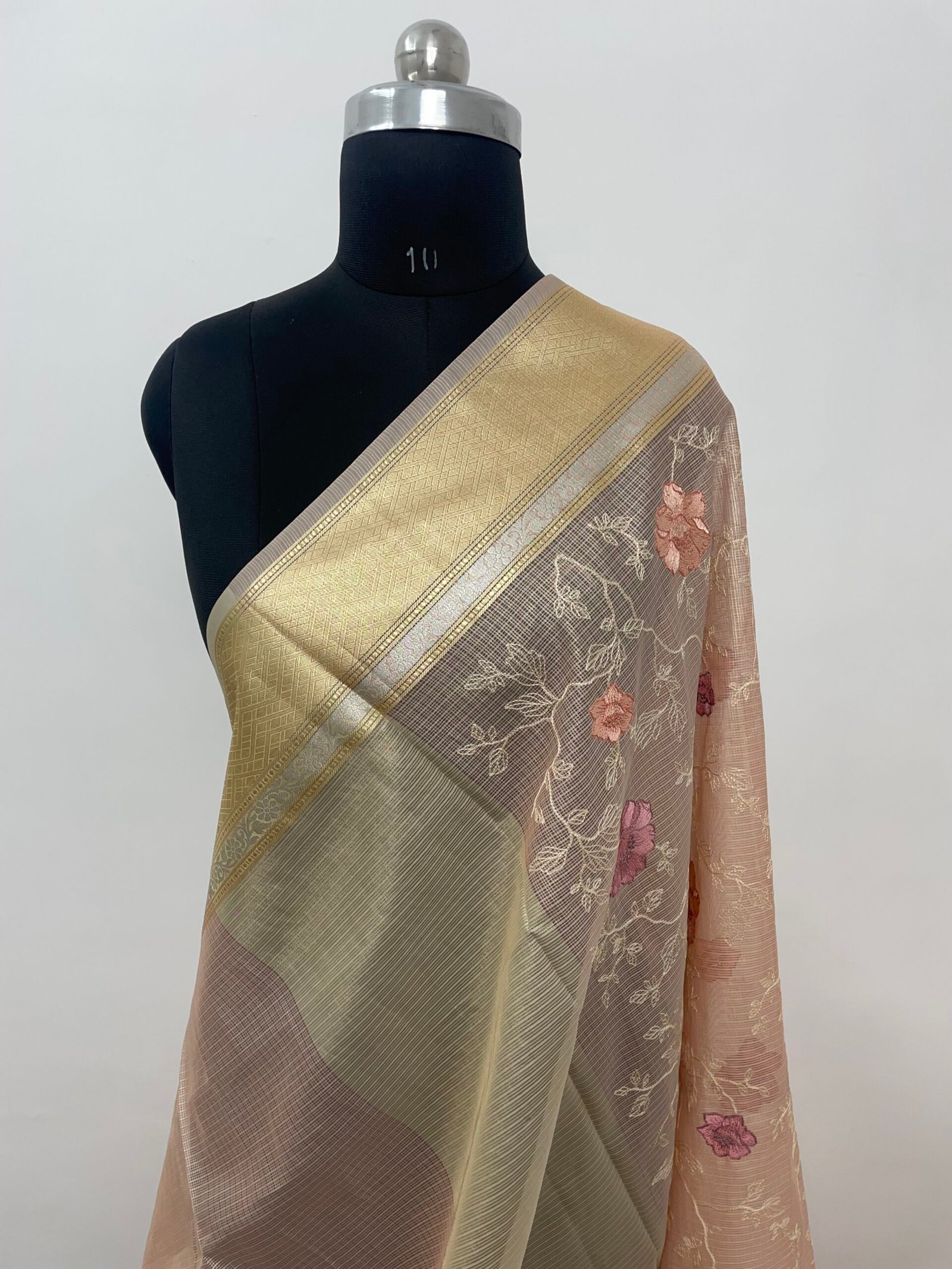 Peach Embroidery Tissue Silk Saree - Image 3