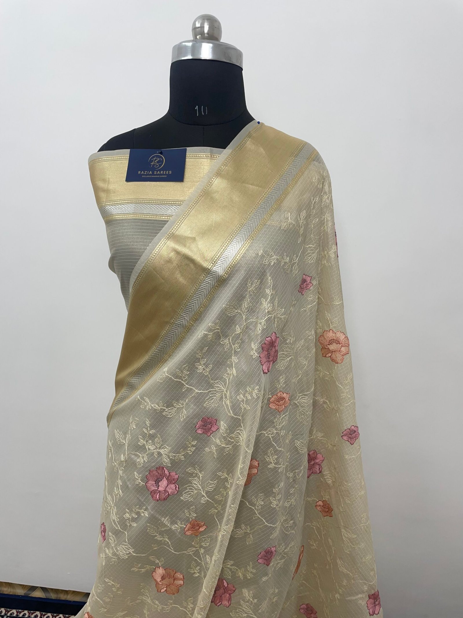 Cream Embroidery Tissue Silk Saree - Image 2
