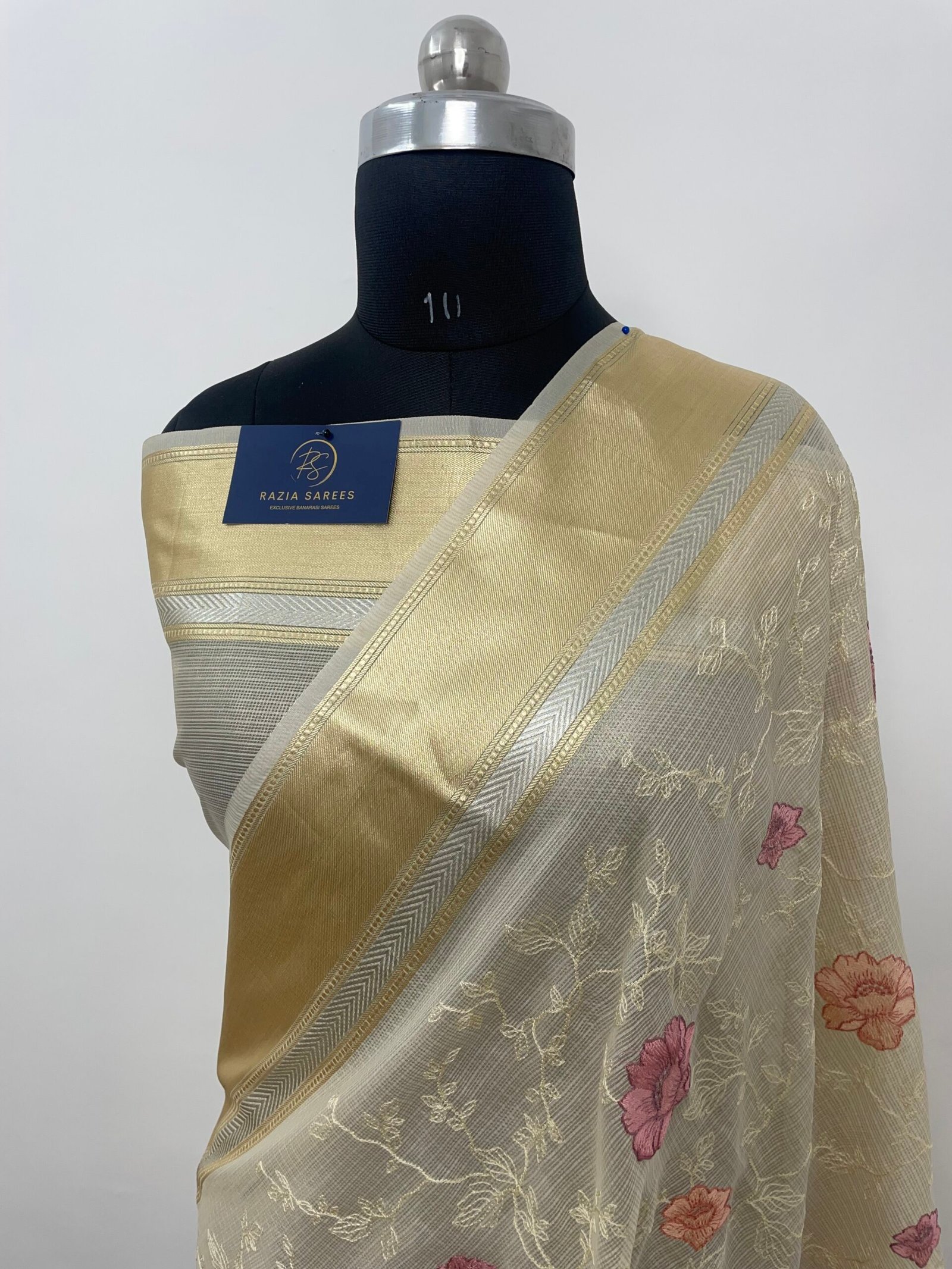 Cream Embroidery Tissue Silk Saree