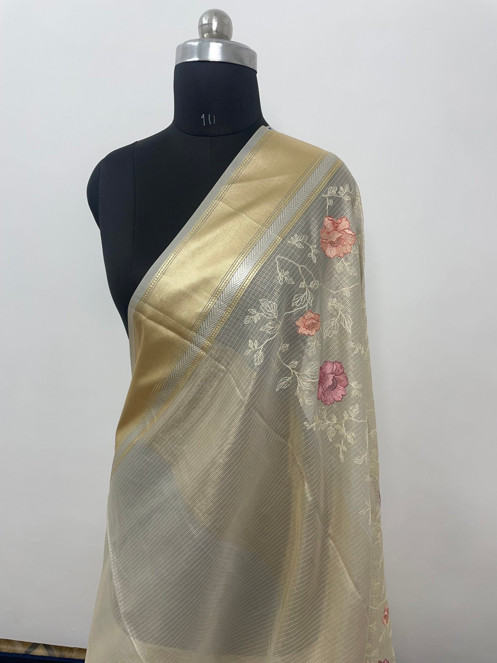 Cream Embroidery Tissue Silk Saree - Image 3