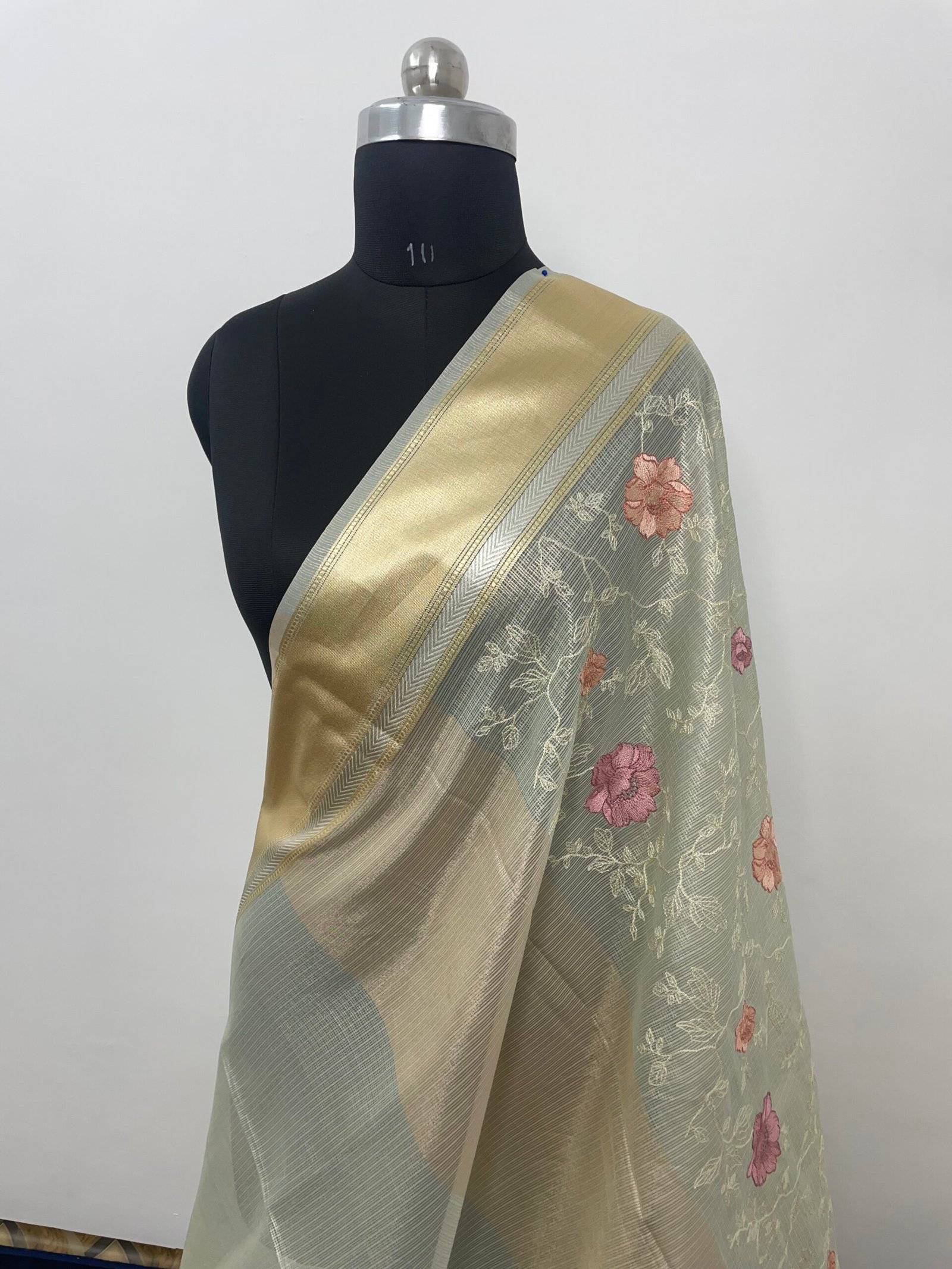 Rama Embroidery Tissue Silk Saree - Image 3