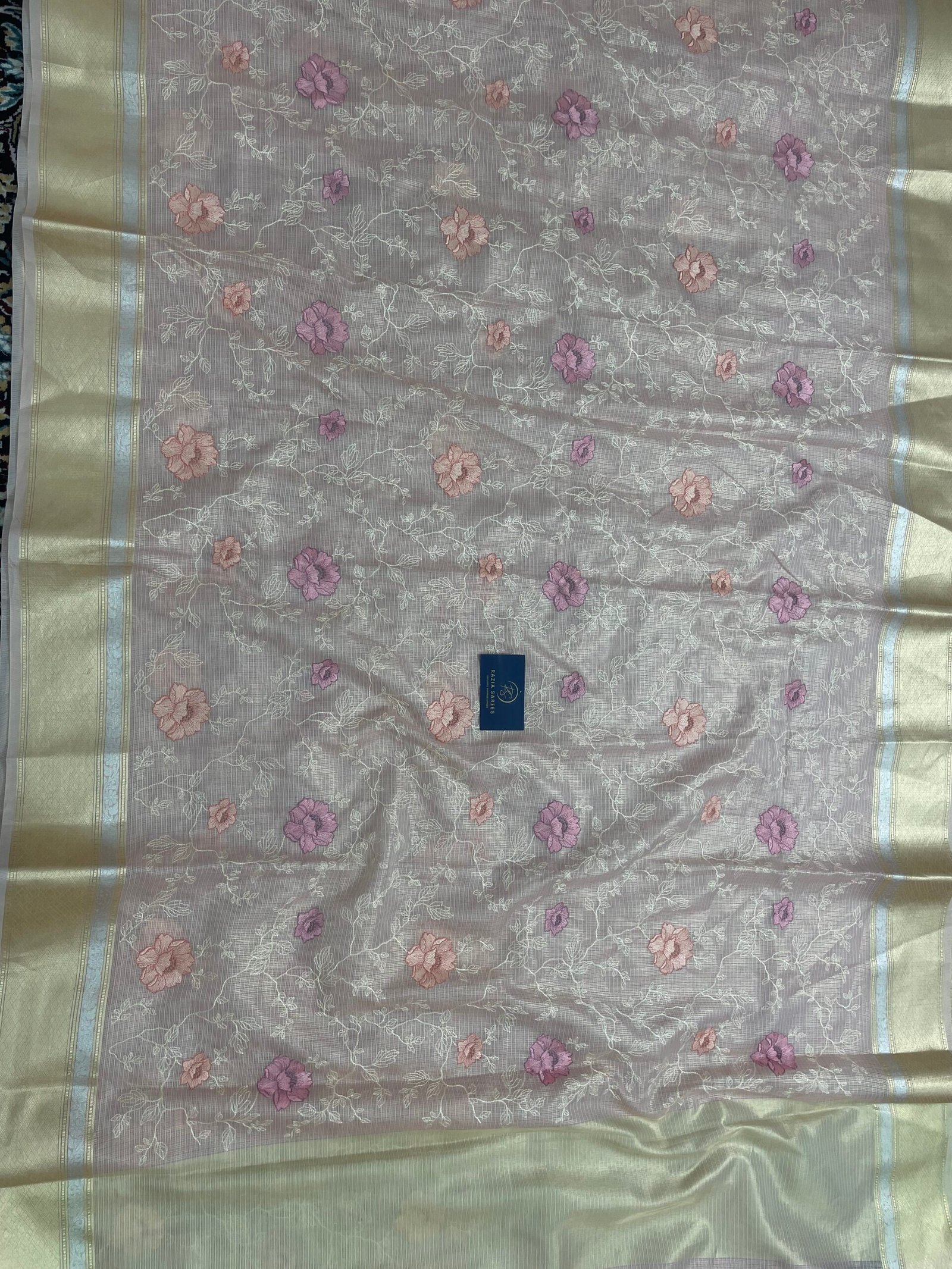 Peach Embroidery Tissue Silk Saree - Image 4