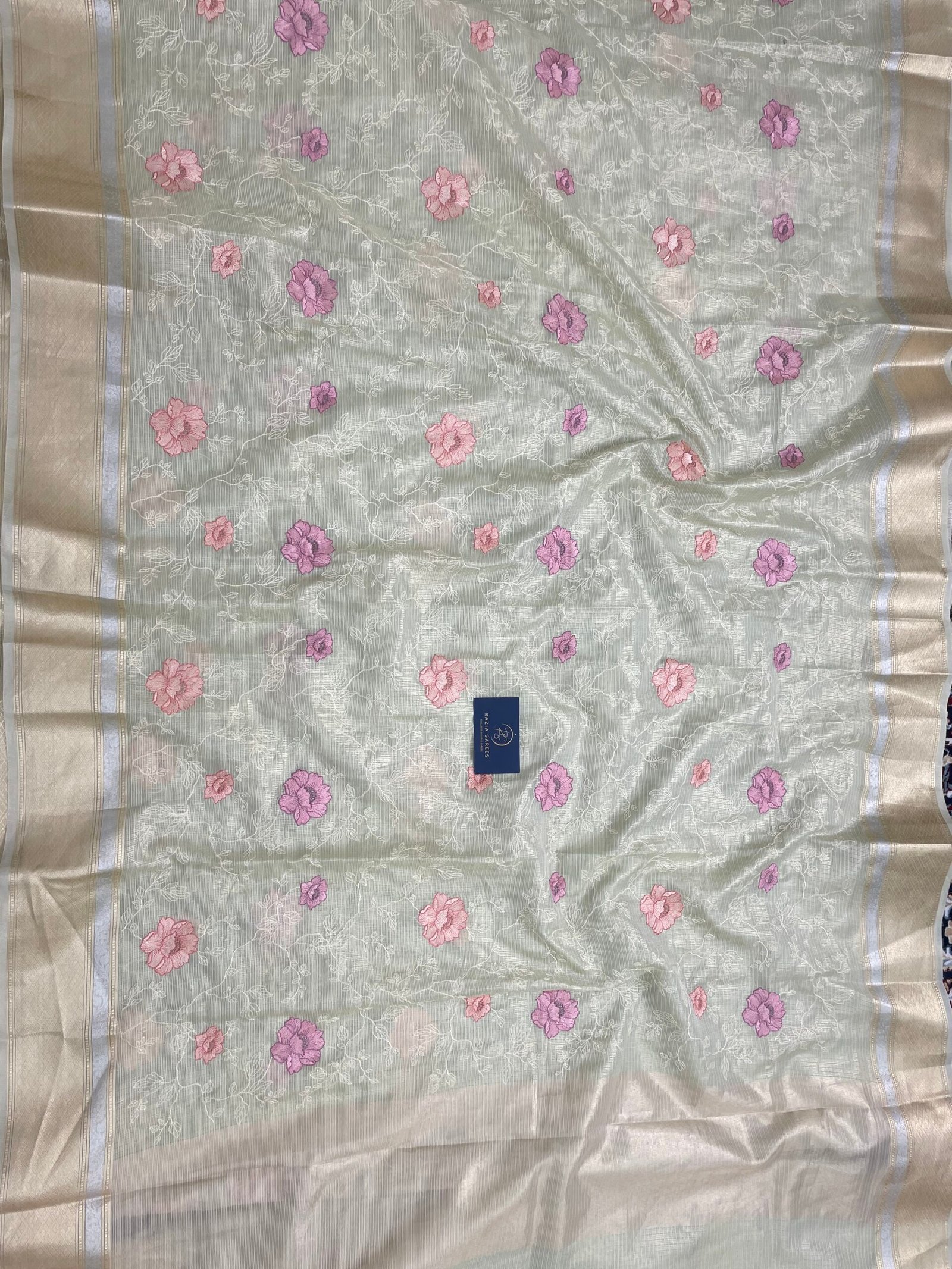Cream Embroidery Tissue Silk Saree - Image 4
