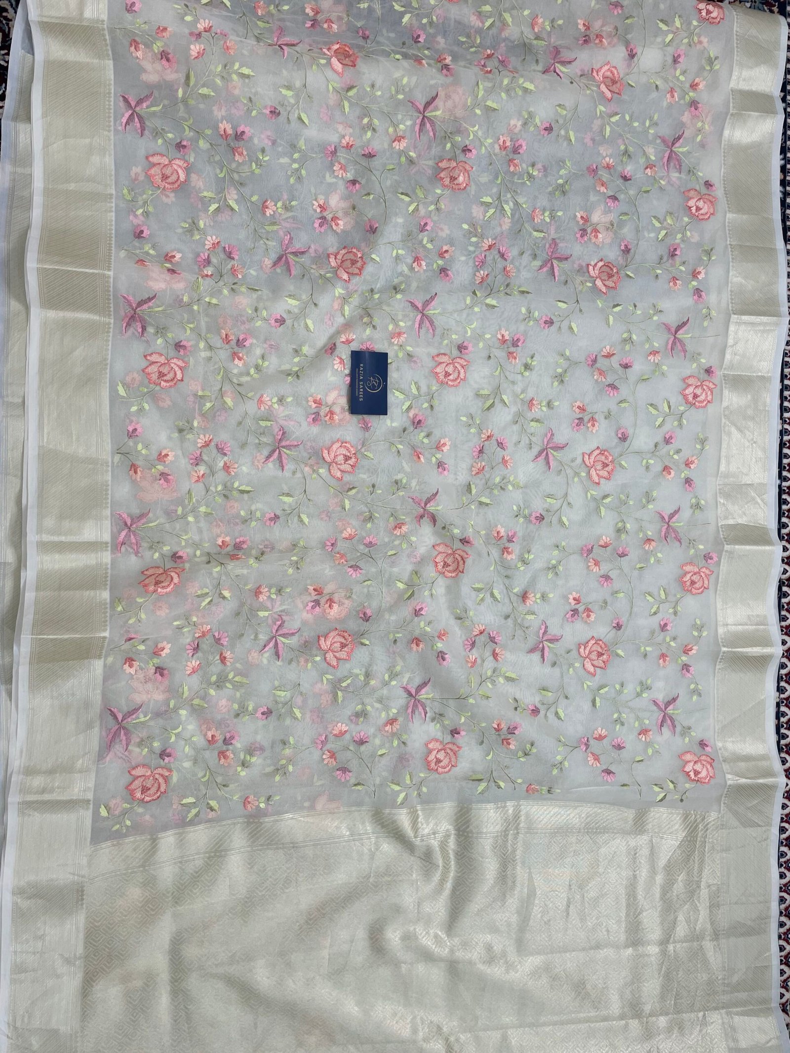 Cream Embroidery Organza Silk Saree - Image 4