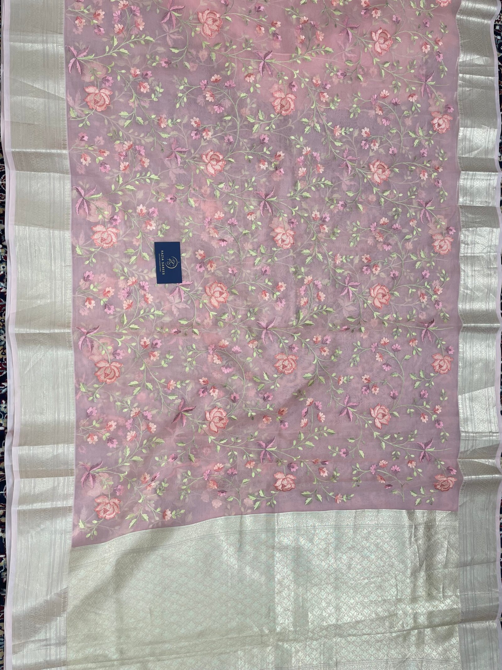 Peach Embroidery Organza Silk Banarasi Saree - Image 4