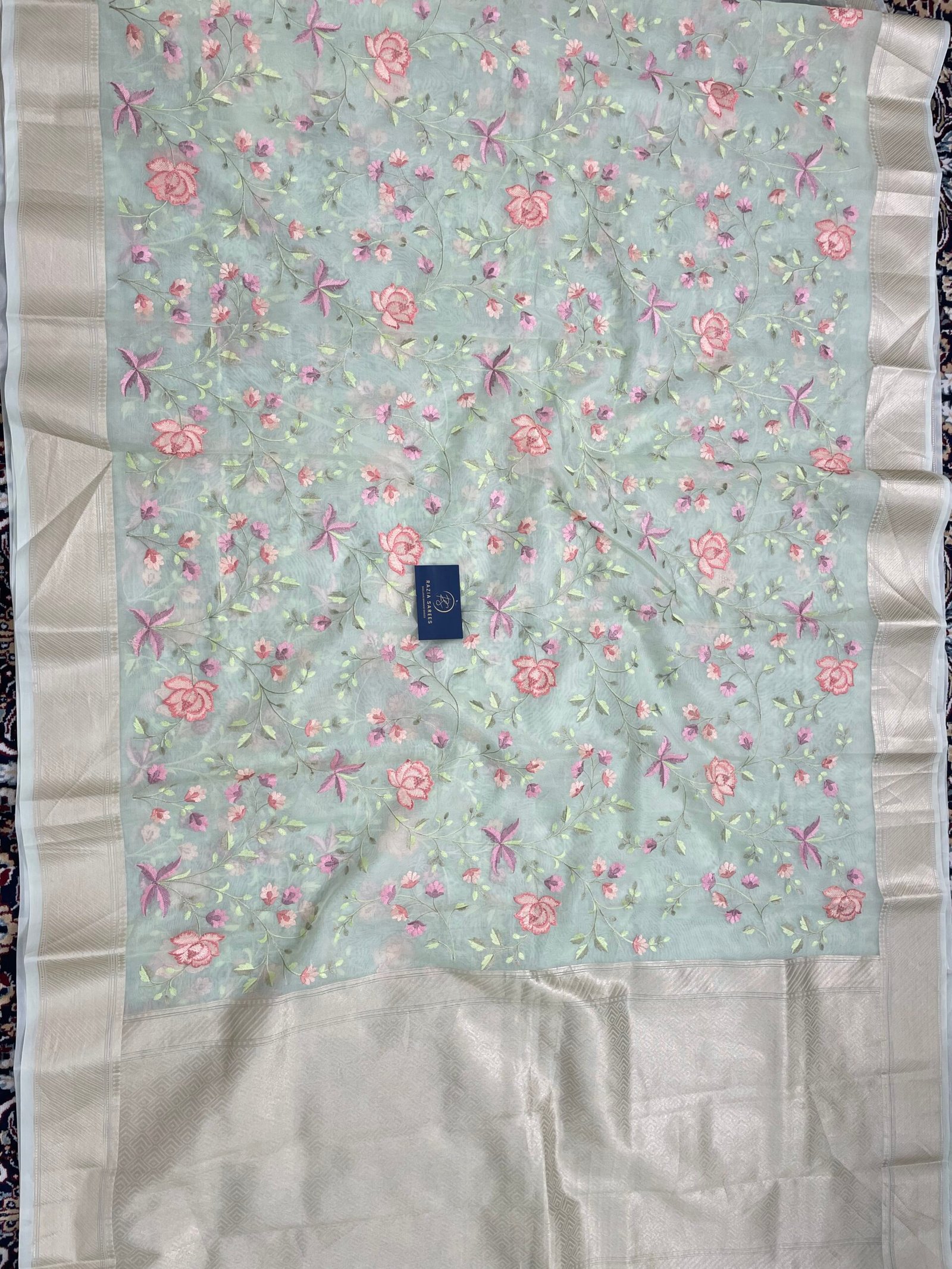 Pista Embroidery Organza Silk Saree - Image 4