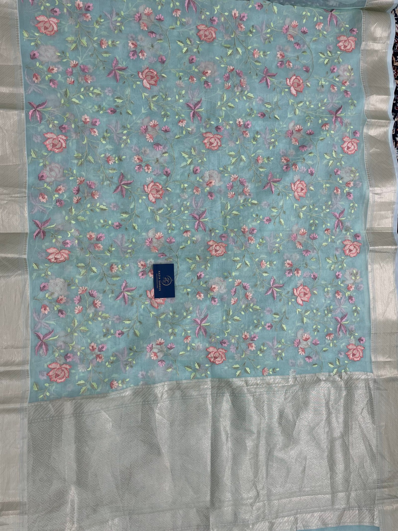 Rama Embroidery Organza Silk Saree - Image 4