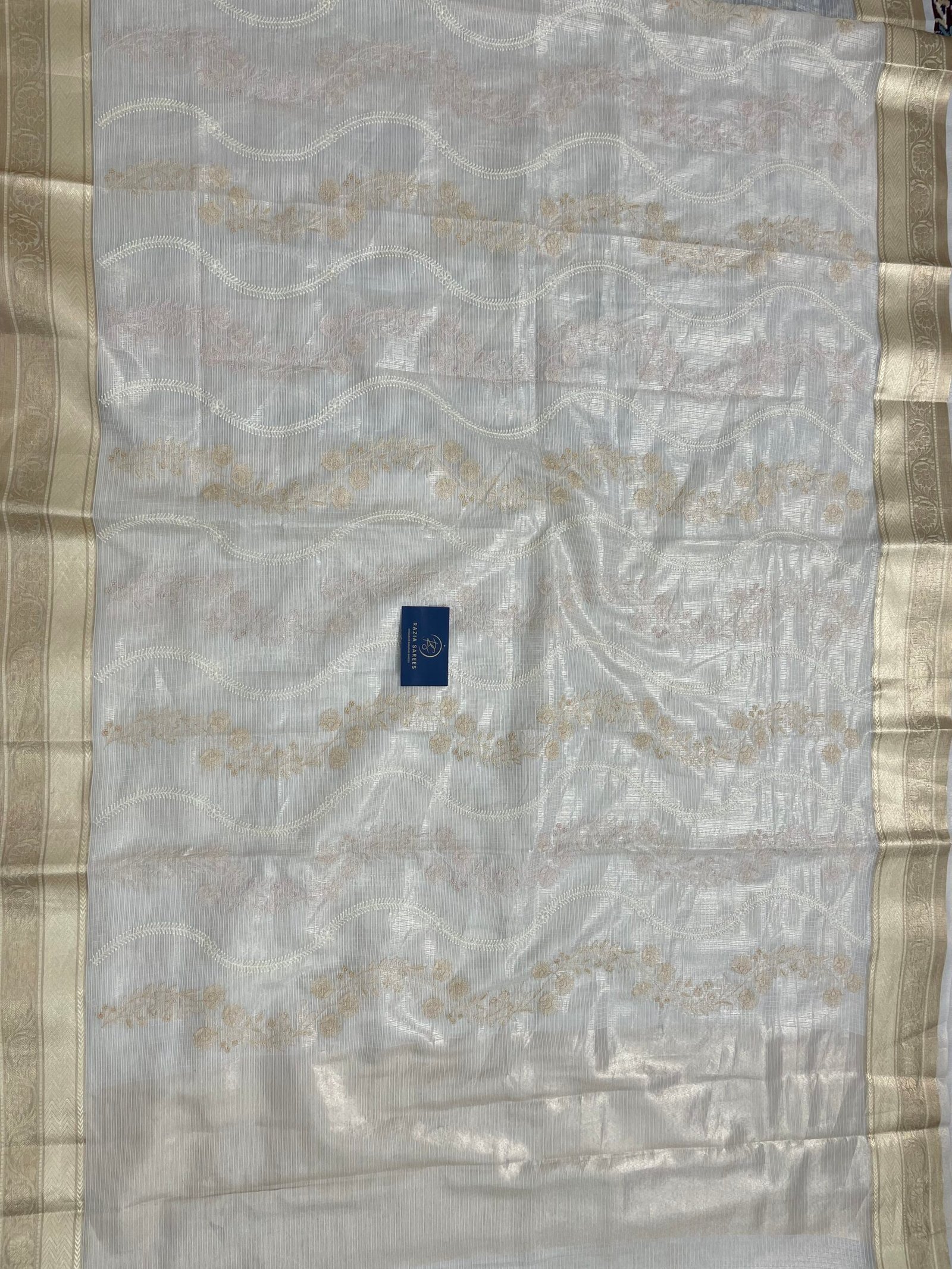 Cream Embroidery Tissue Silk Saree - Image 4