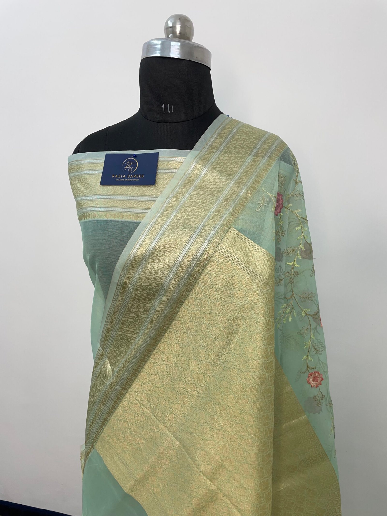 Rama Embroidery Organza Silk Saree - Image 3