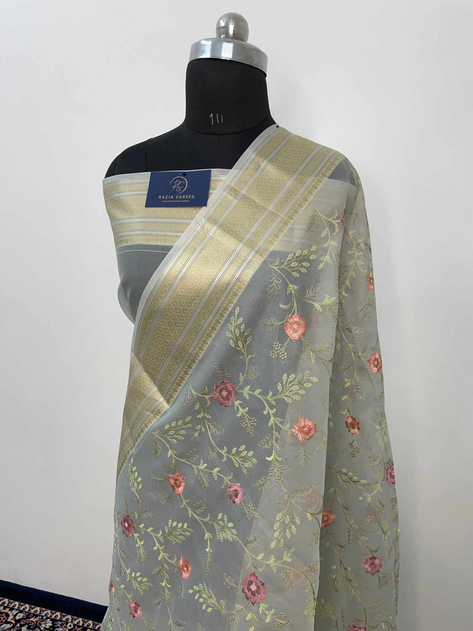 Grey Embroidery Organza Silk Saree - Image 2