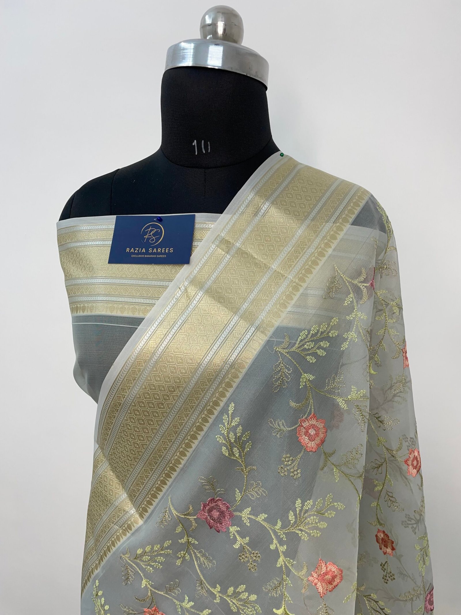 Grey Embroidery Organza Silk Saree