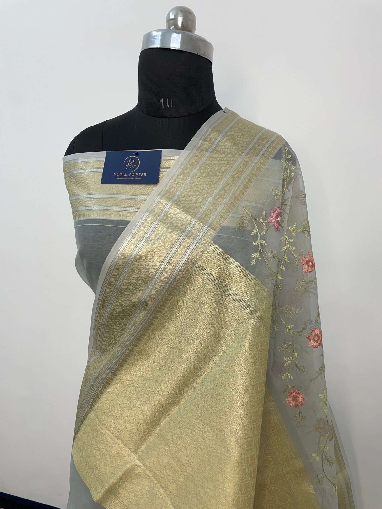 Grey Embroidery Organza Silk Saree - Image 3