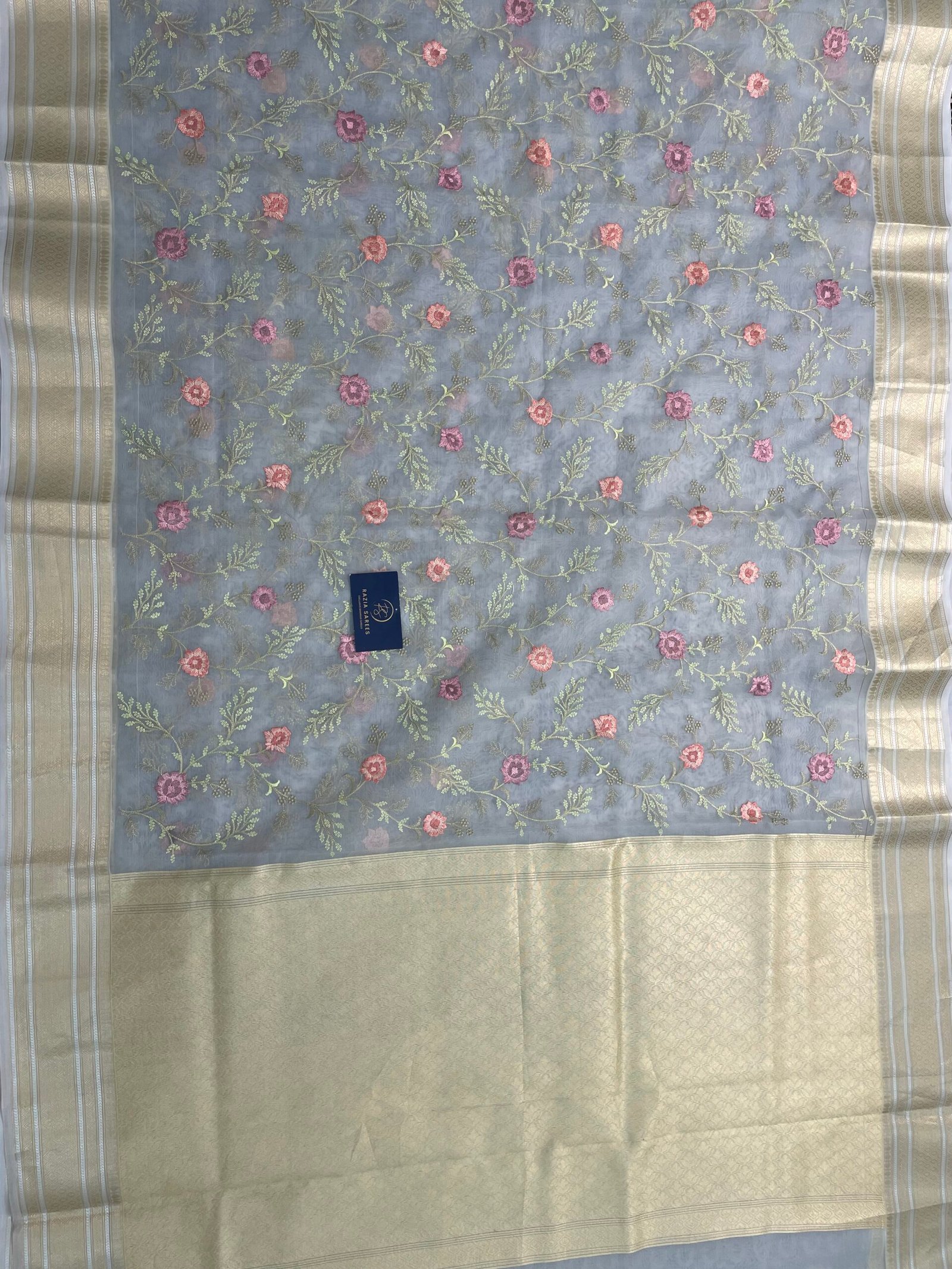 Grey Embroidery Organza Silk Saree - Image 4