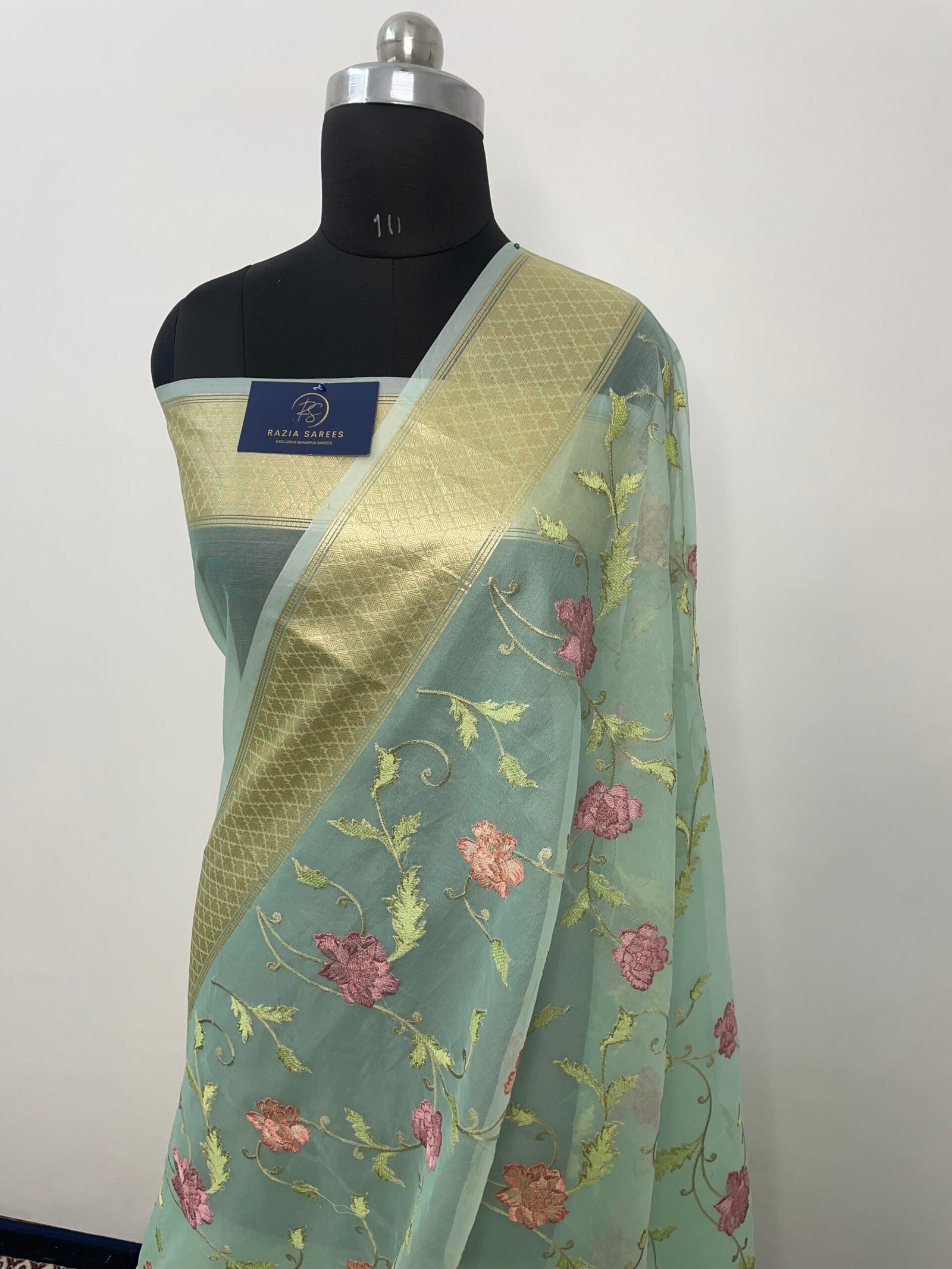 Rama Embroidery Organza Silk Saree - Image 2