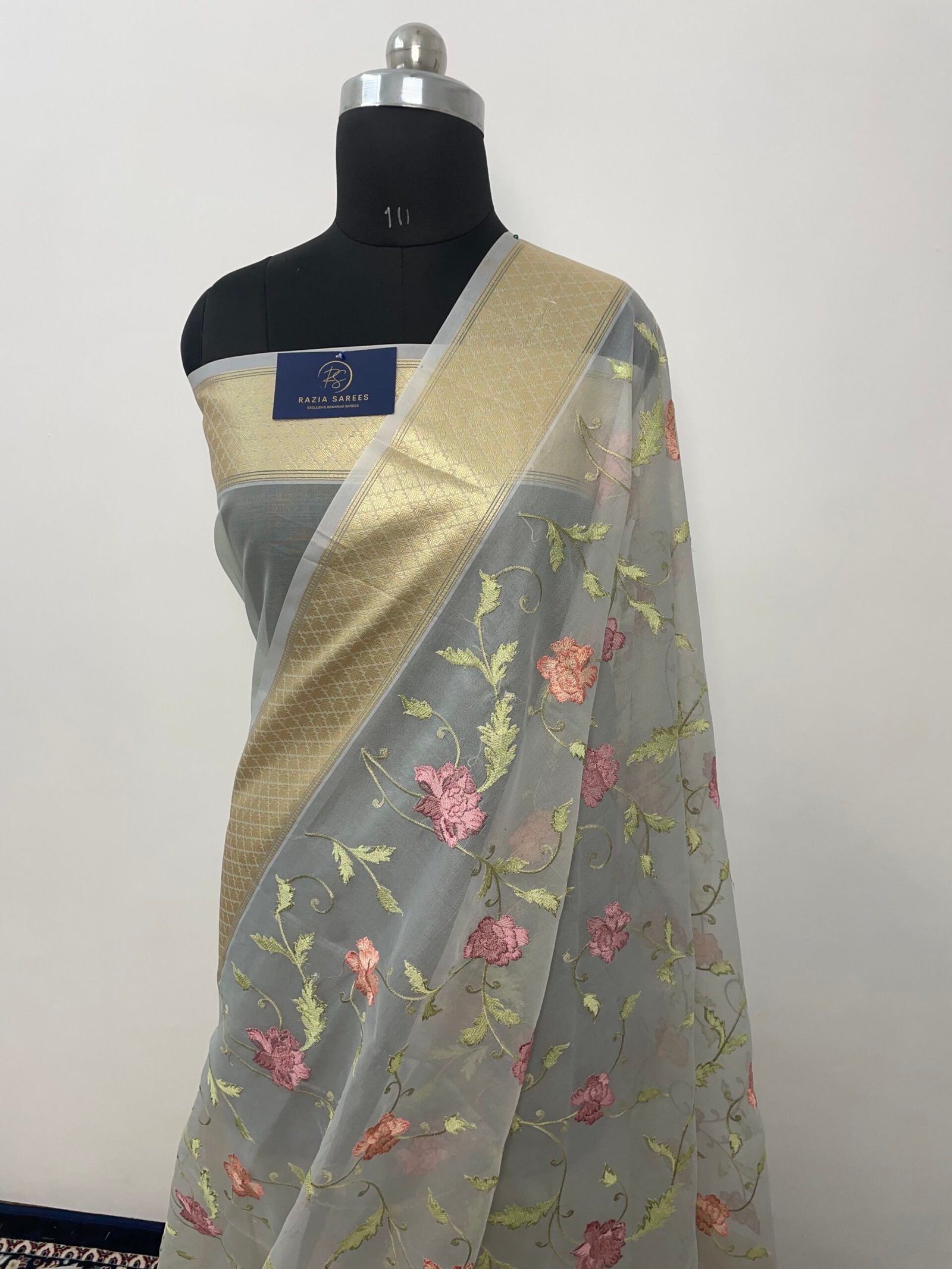 Grey Embroidery Organza Silk Saree - Image 2