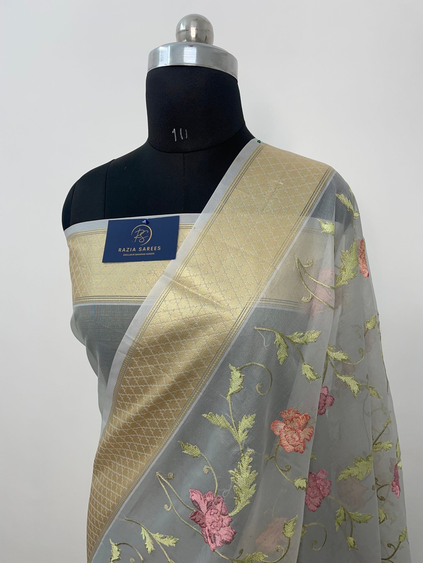 Grey Embroidery Organza Silk Saree