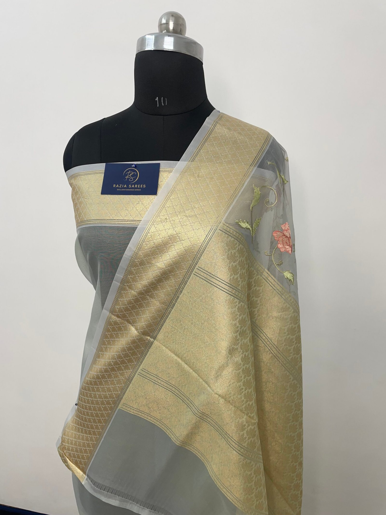 Grey Embroidery Organza Silk Saree - Image 3