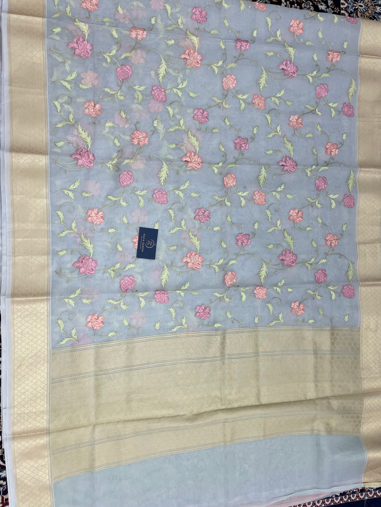 Grey Embroidery Organza Silk Saree - Image 4