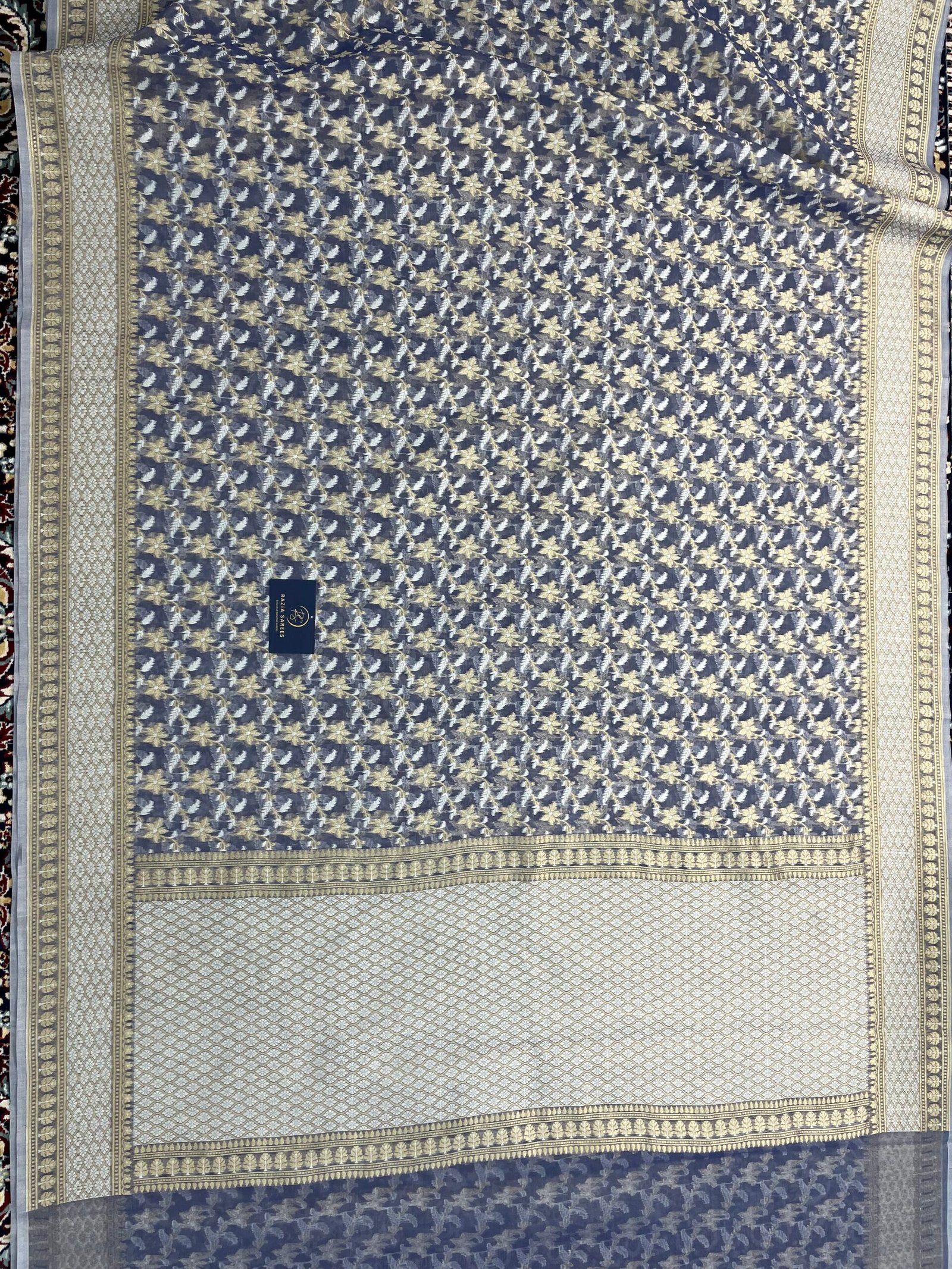 Navy Blue Jamdani Cotton Silk Saree - Image 4