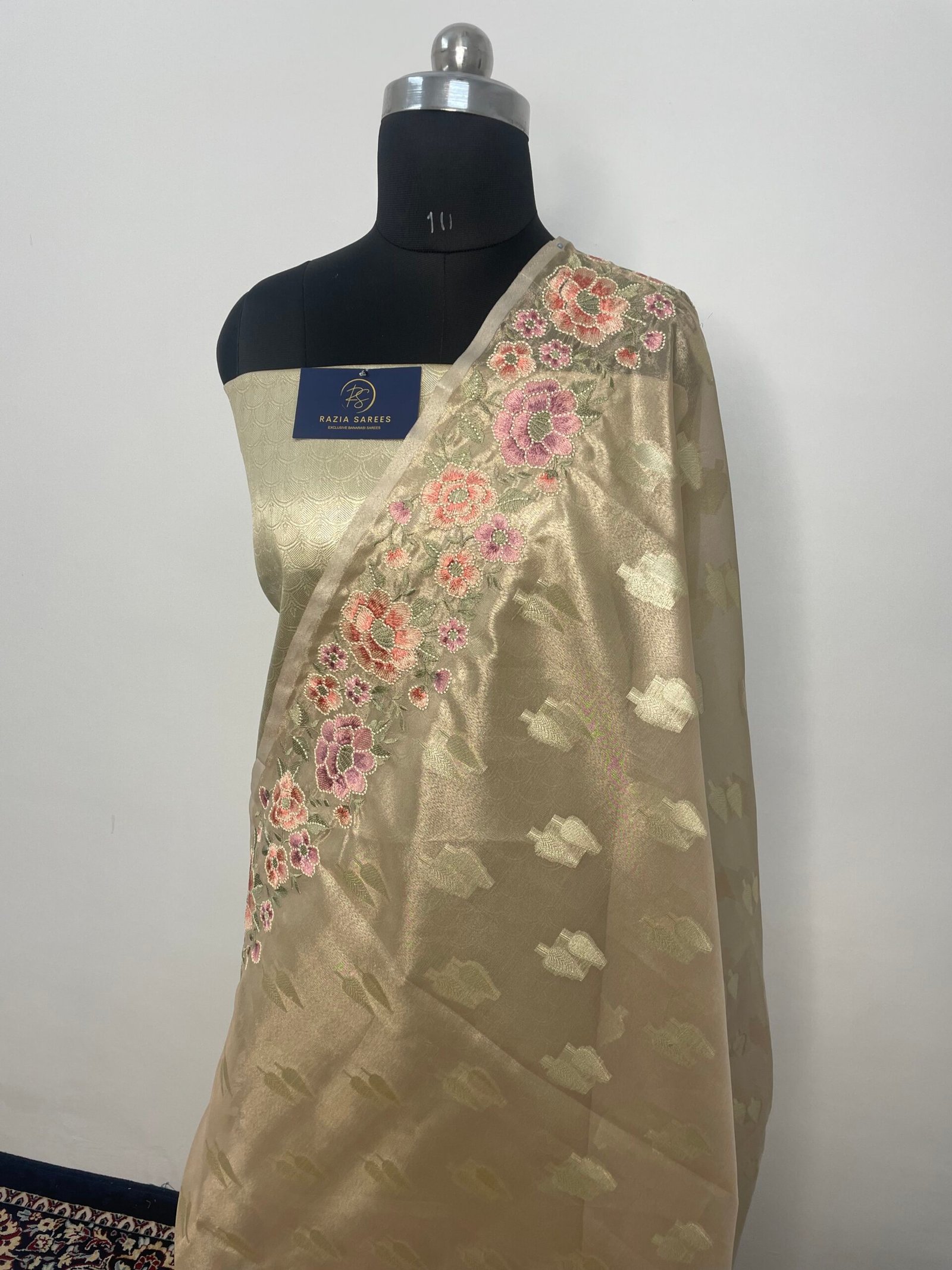 Golden Embroidery Tissue Silk Saree - Image 2