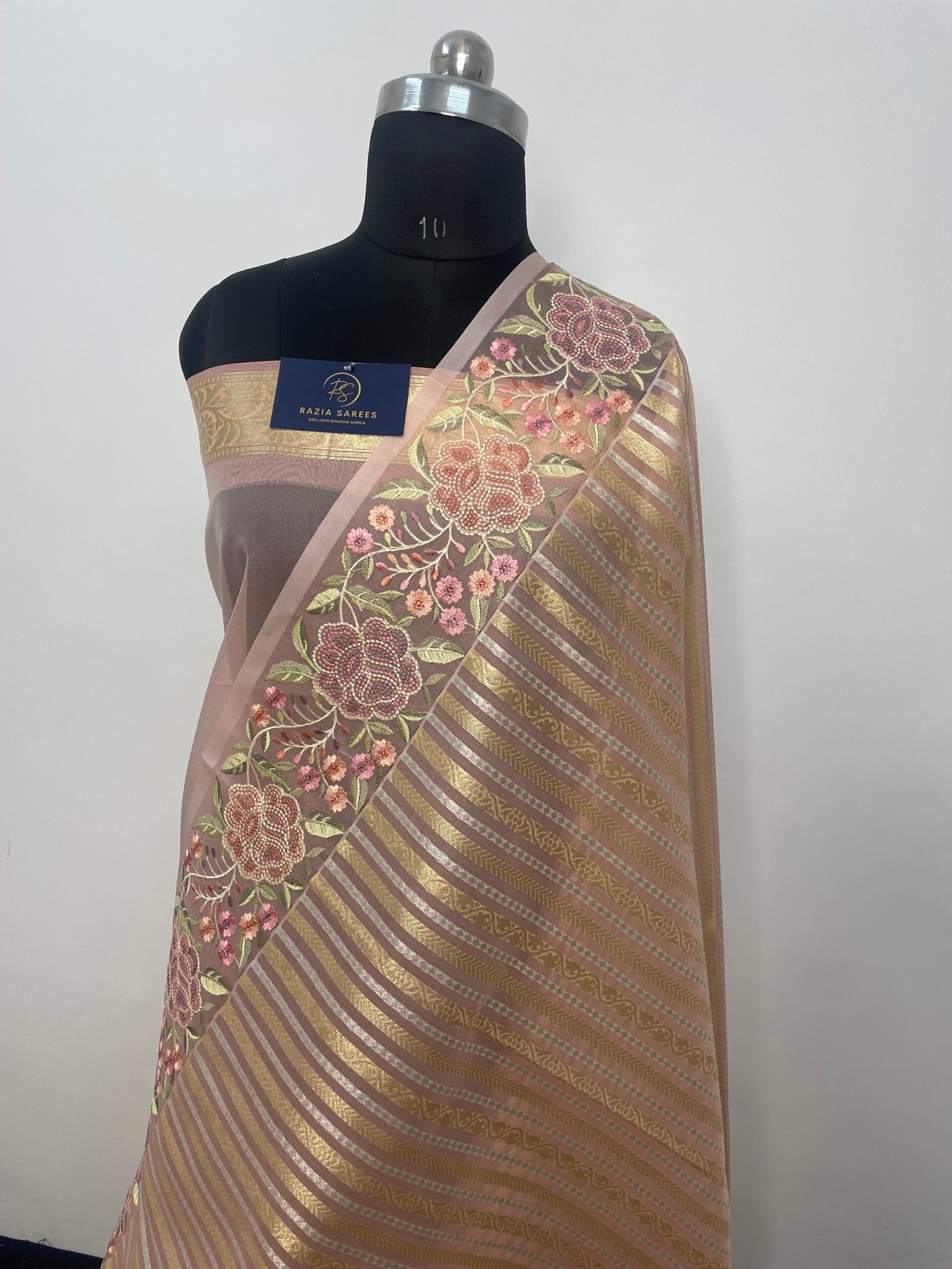 Peach Embroidery Organza Silk Saree - Image 2