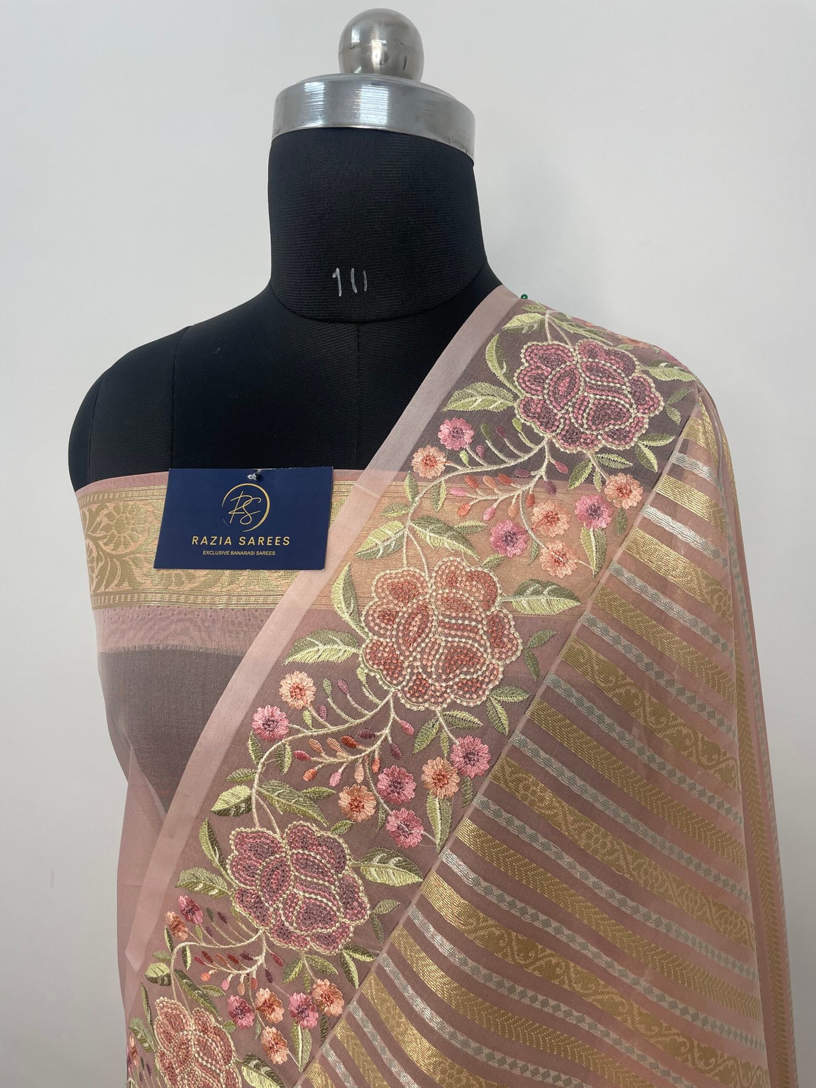 Peach Embroidery Organza Silk Saree