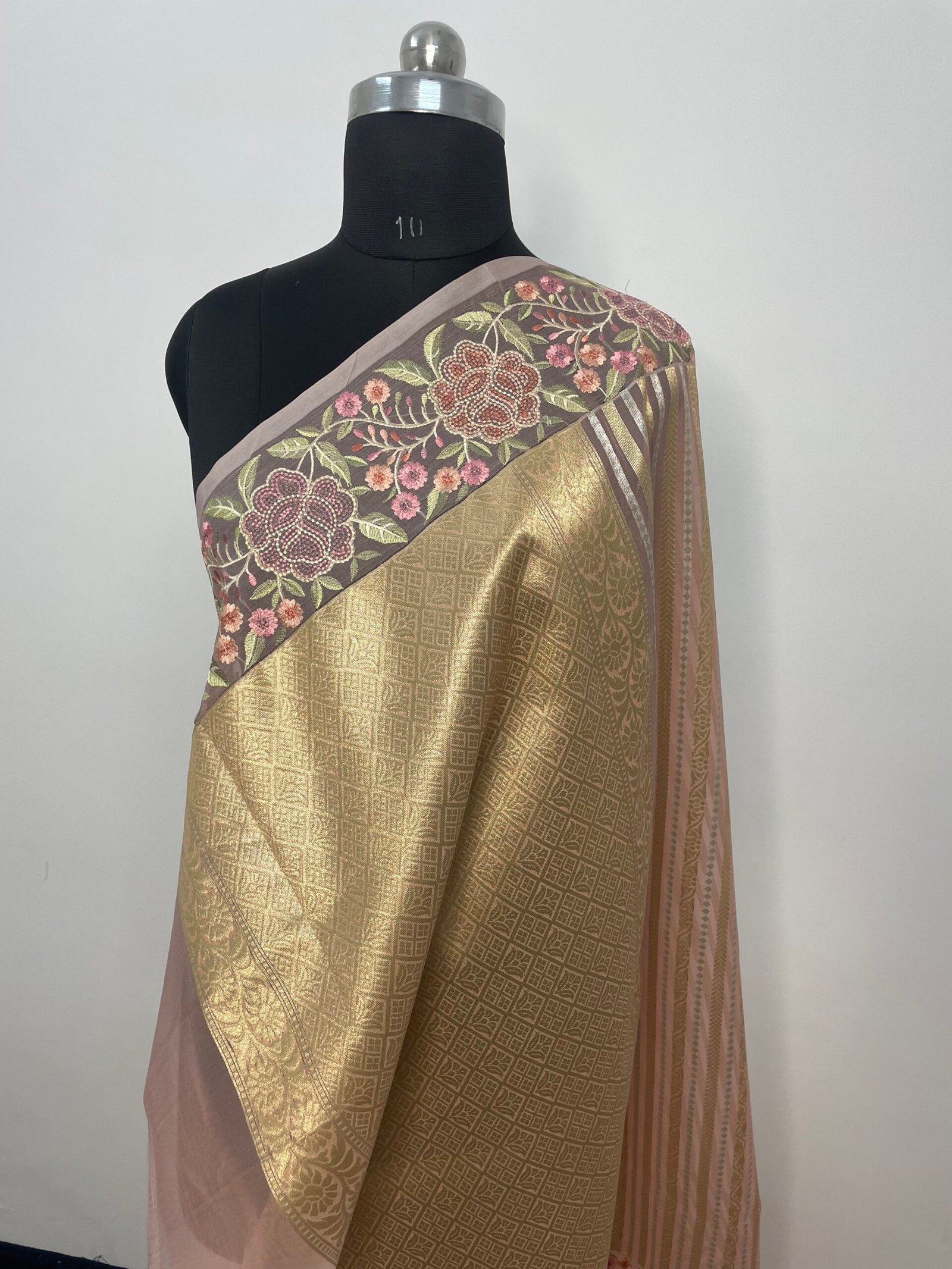 Peach Embroidery Organza Silk Saree - Image 3