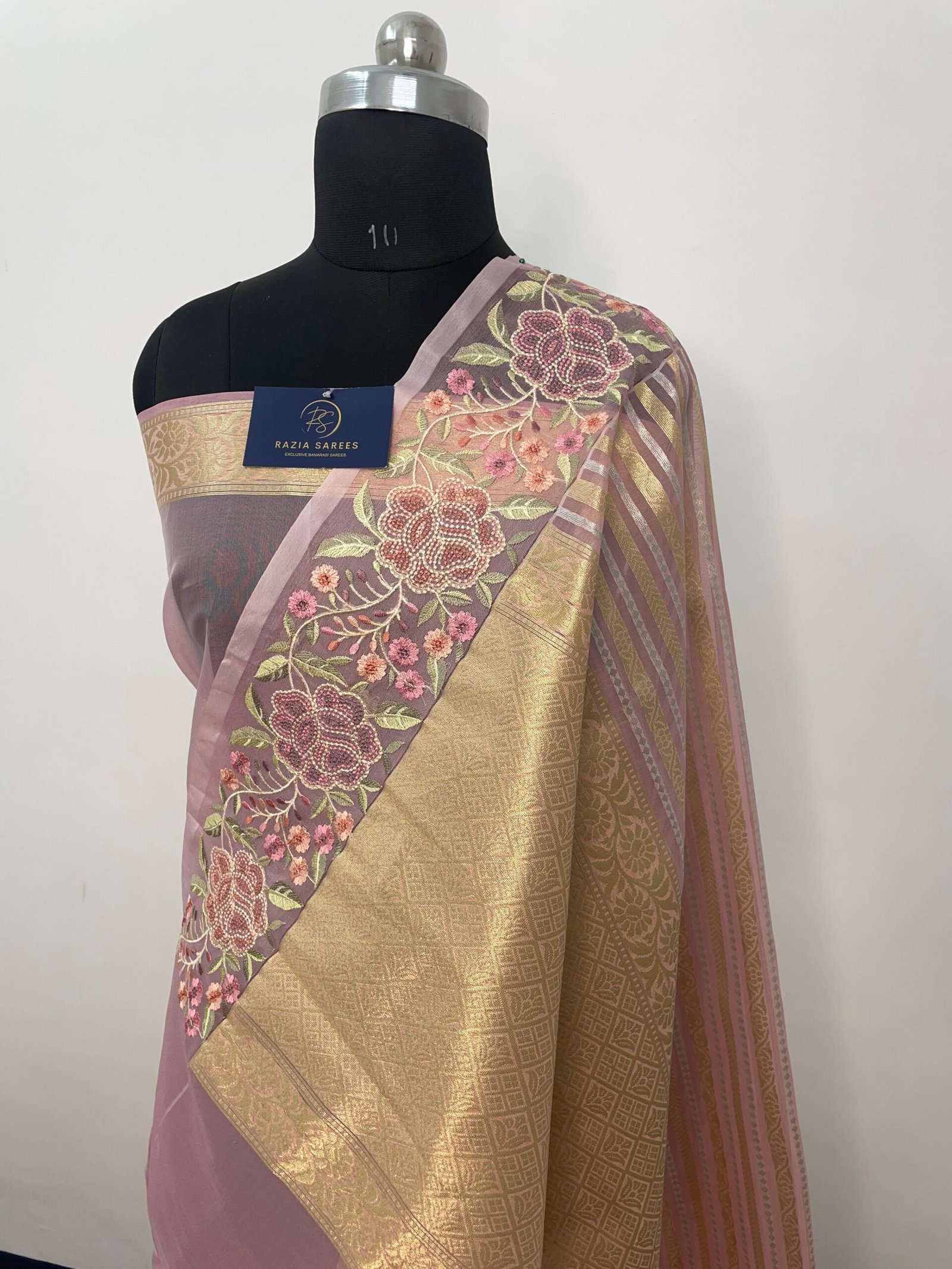 Pink Embroidery Organza Silk Saree - Image 3