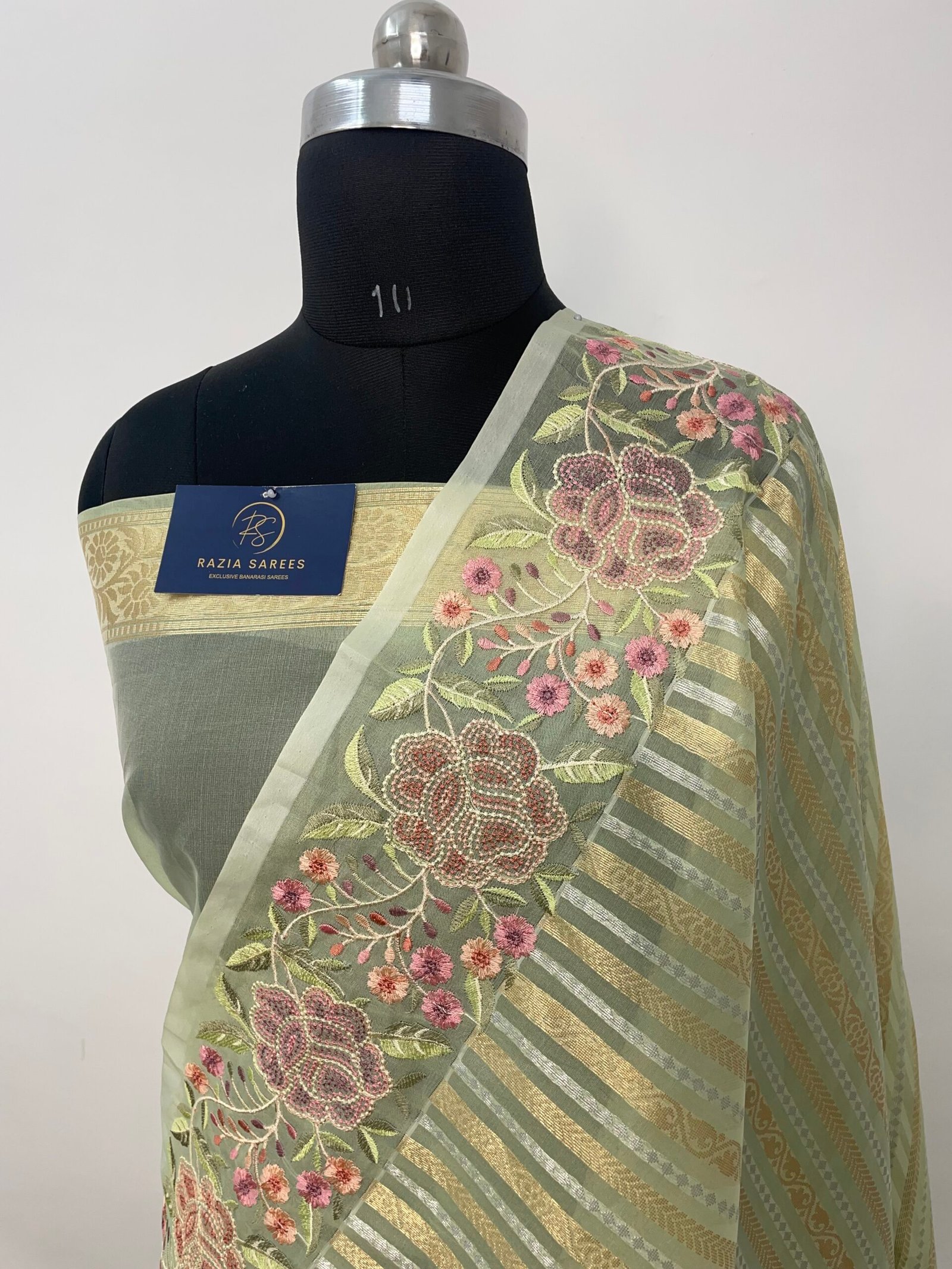 Pista Embroidery Organza Silk Saree