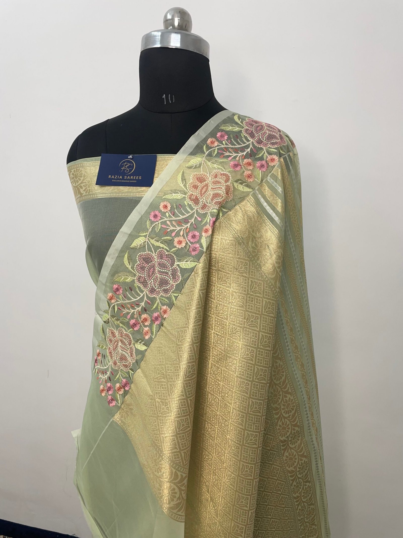 Pista Embroidery Organza Silk Saree - Image 3