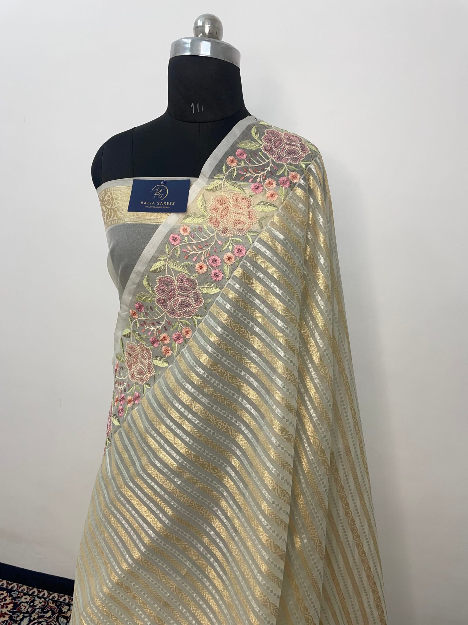 Cream Embroidery Organza Silk Saree - Image 2