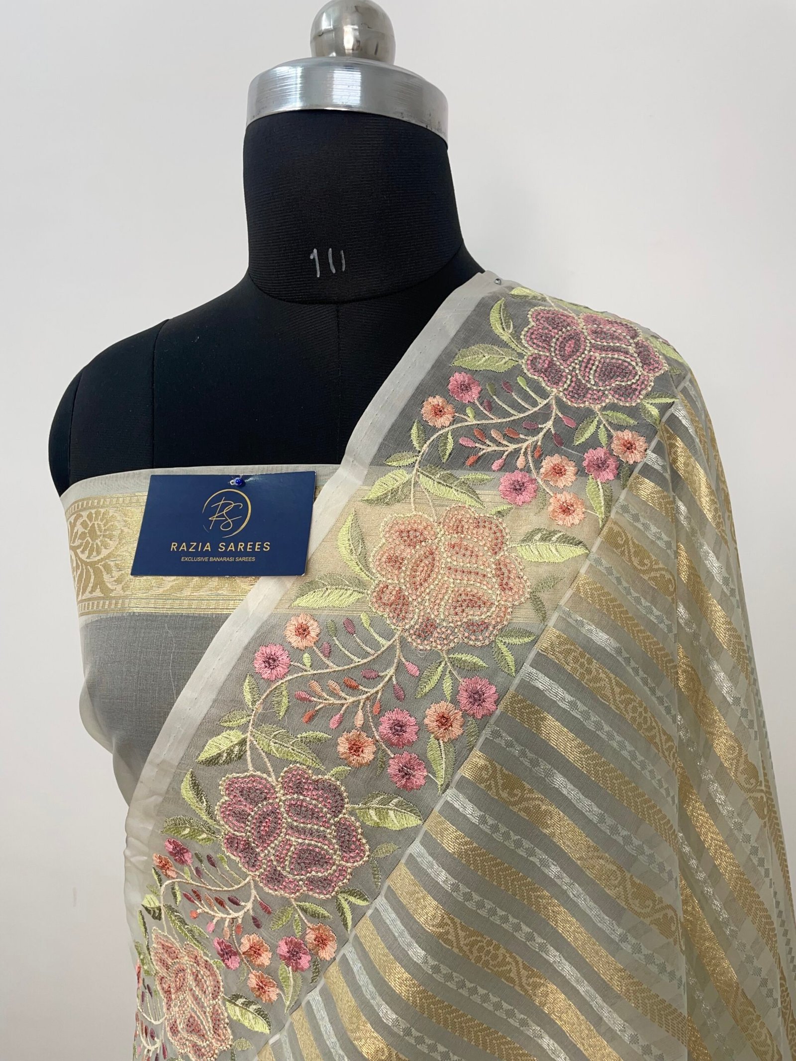 Cream Embroidery Organza Silk Saree